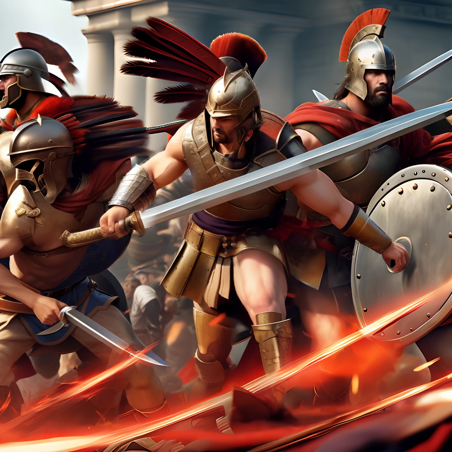 there are many men in armor holding swords and shields, leading spartans into battle, detailed game art illustration, epic battlescene, age of empires, trojan war, fall of rome, 8k,Realism
