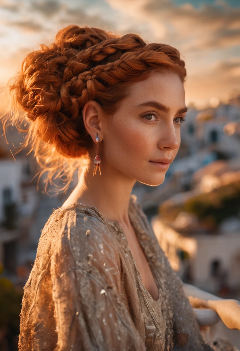 beautiful young and cute attractive girl with ginger braided hair in a bun wearing glamorous makeup, watching the sunset at Santorini, Greece. Looking at the camera, half body, photorealistic