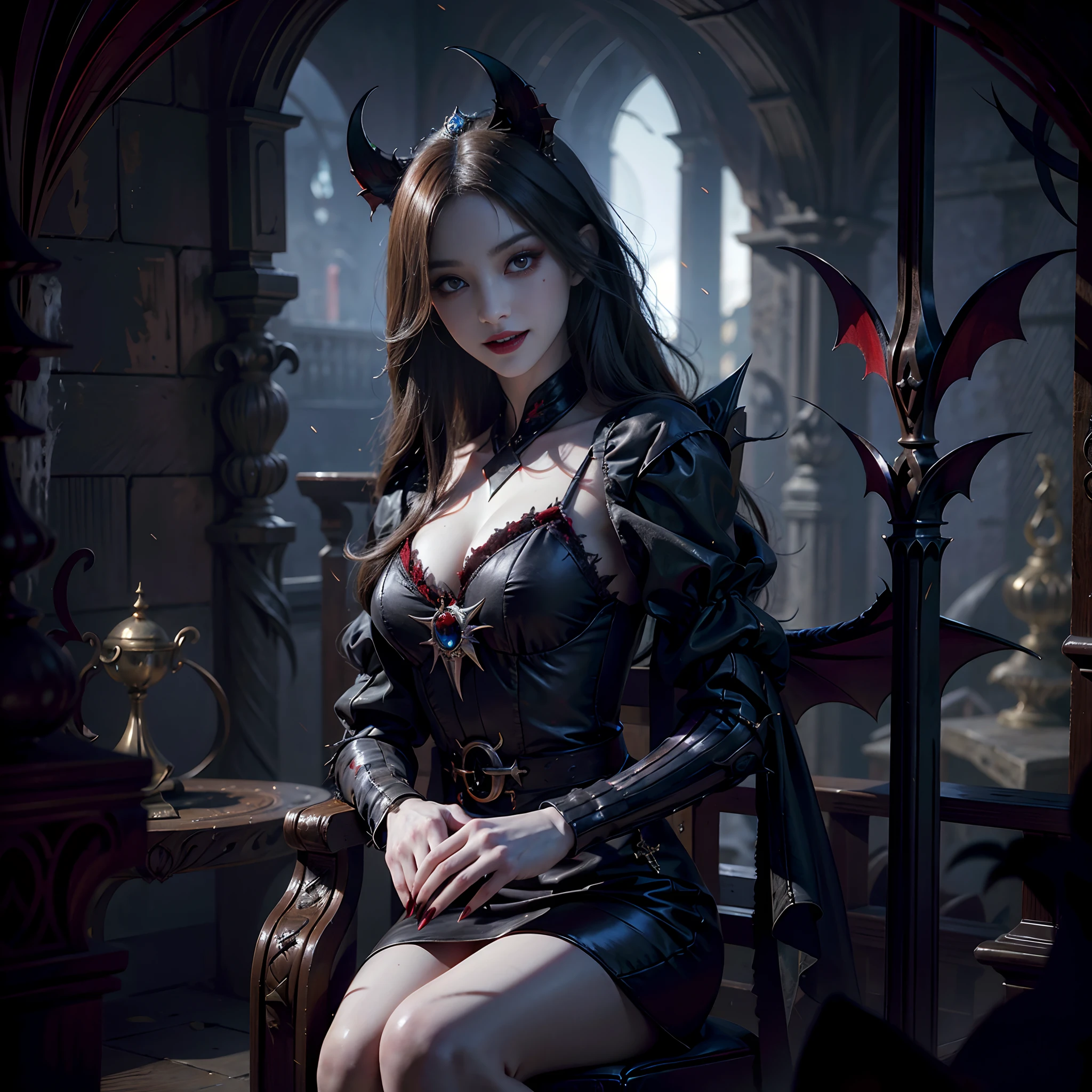 In an old castle，On the throne sits a female vampire with red eyes and a black coat ，Blood-red pupils，Sharp teeth are exposed，No blood-colored skin，Pale face，Sharp red nails，elaborate faces，Red pupils，Moonlight shone through the windows，Bats fly past in the background，Evil smile，blood stains at the corners of the mouth，high qulity，A high resolution，4K，tmasterpiece，perfect hand