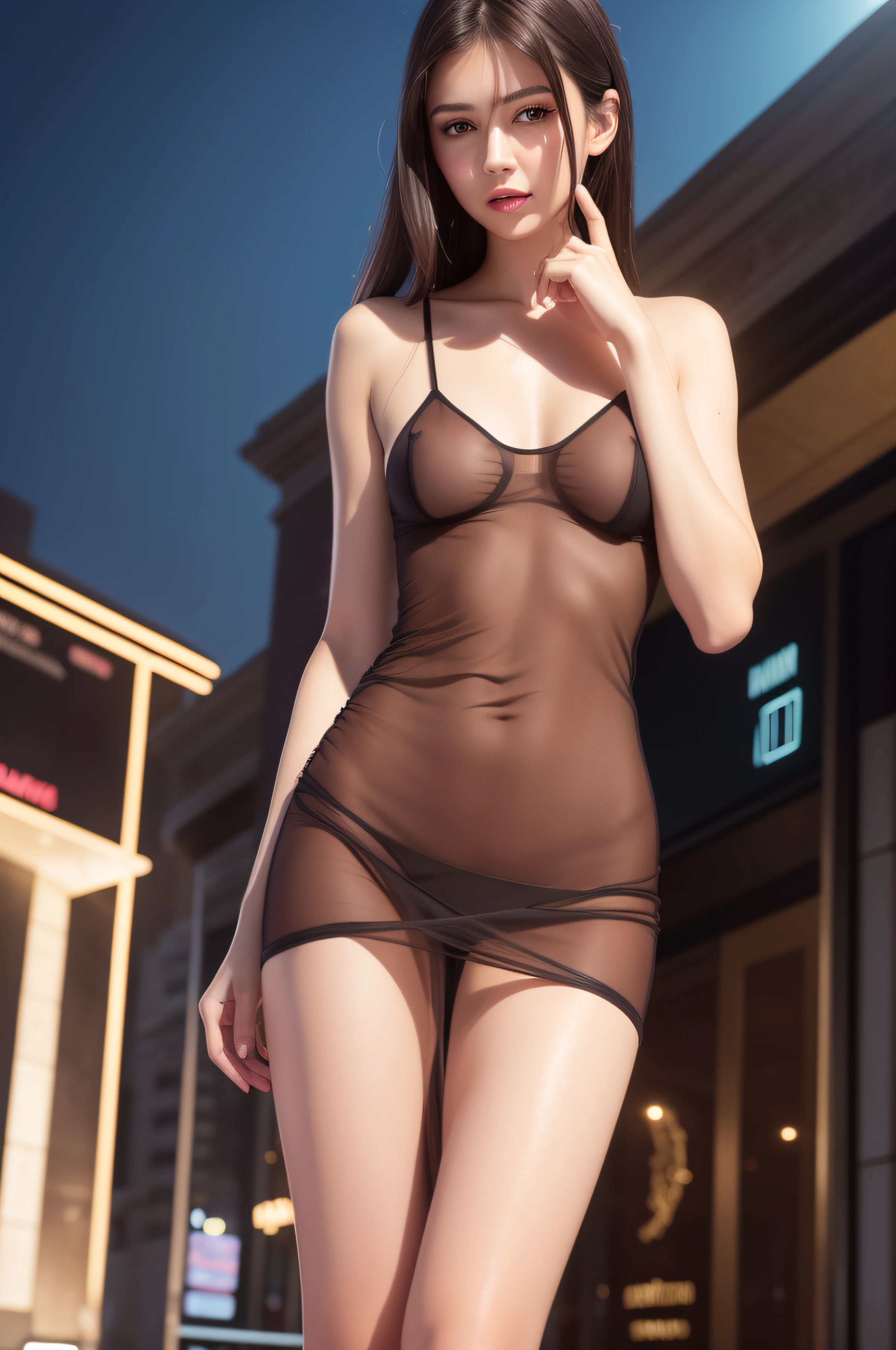 Young thin girl,Drooling hair,dark brown hair,(Night town background),full bodyesbian,Beautiful body structure covered,Super detailed drawing, Impressively realistic photos,Translucent clothes,Random color clothes,Transparent skin,(Casual hairstyle,:1.2), stunning elegant pose, see through dresses,Stand on the steps in front of the casino building,Goddess-like existence