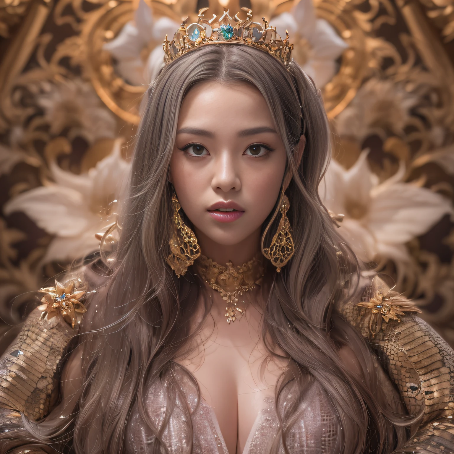 32k（tmasterpiece，k hd，hyper HD，16k）short detailed hair，Gold jewelry area in the back room，Flame Girl ，Crocodile protector （realisticlying：1.4），Python pattern robe，Purple-pink tiara，The petals flutter，The background is pure，Hold your head high，Be proud，The nostrils look at people， A high resolution， the detail， RAW photogr， Sharp Re， Nikon D850 Film Stock Photo by Jefferies Lee 4 Kodak Portra 400 Camera F1.6 shots, Rich colors, ultra-realistic vivid textures, Dramatic lighting, Unreal Engine Art Station Trend, cinestir 800，Hold your head high，Be proud，The nostrils look at people