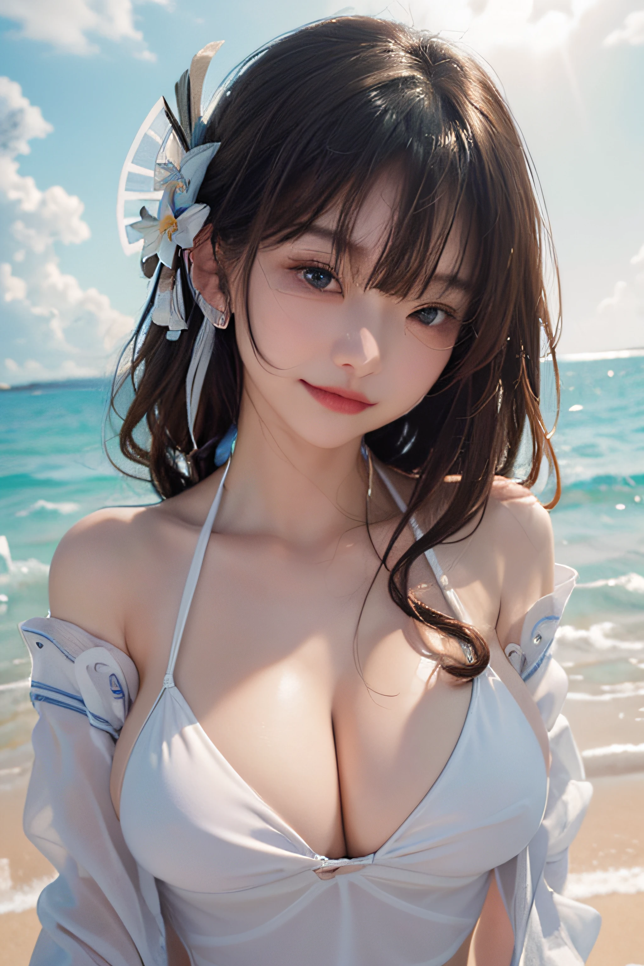 (tmasterpiece、top-quality)、(hentail realism)、A high resolution、(Charming body:1.2)、(gigantic cleavage breasts:1.4)、beachside、Leaky stomach、White bra、(Detailed facial expressions:1.4)、rays of sunshine、realisticlying