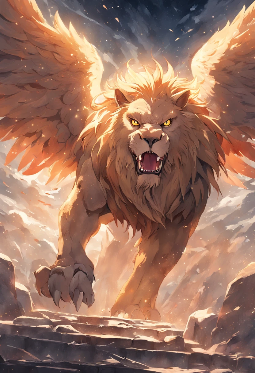 lion griffin, mythical creature, majestic, powerful wings, lion body, eagle head, fierce gaze, sharp claws, feathers, golden beak, large size, flying, mountains, cloudy sky, ancient ruins, fantasy realm, mythical landscape, epic, magical, mythical creature, mythical beast, fierce, mythical monster