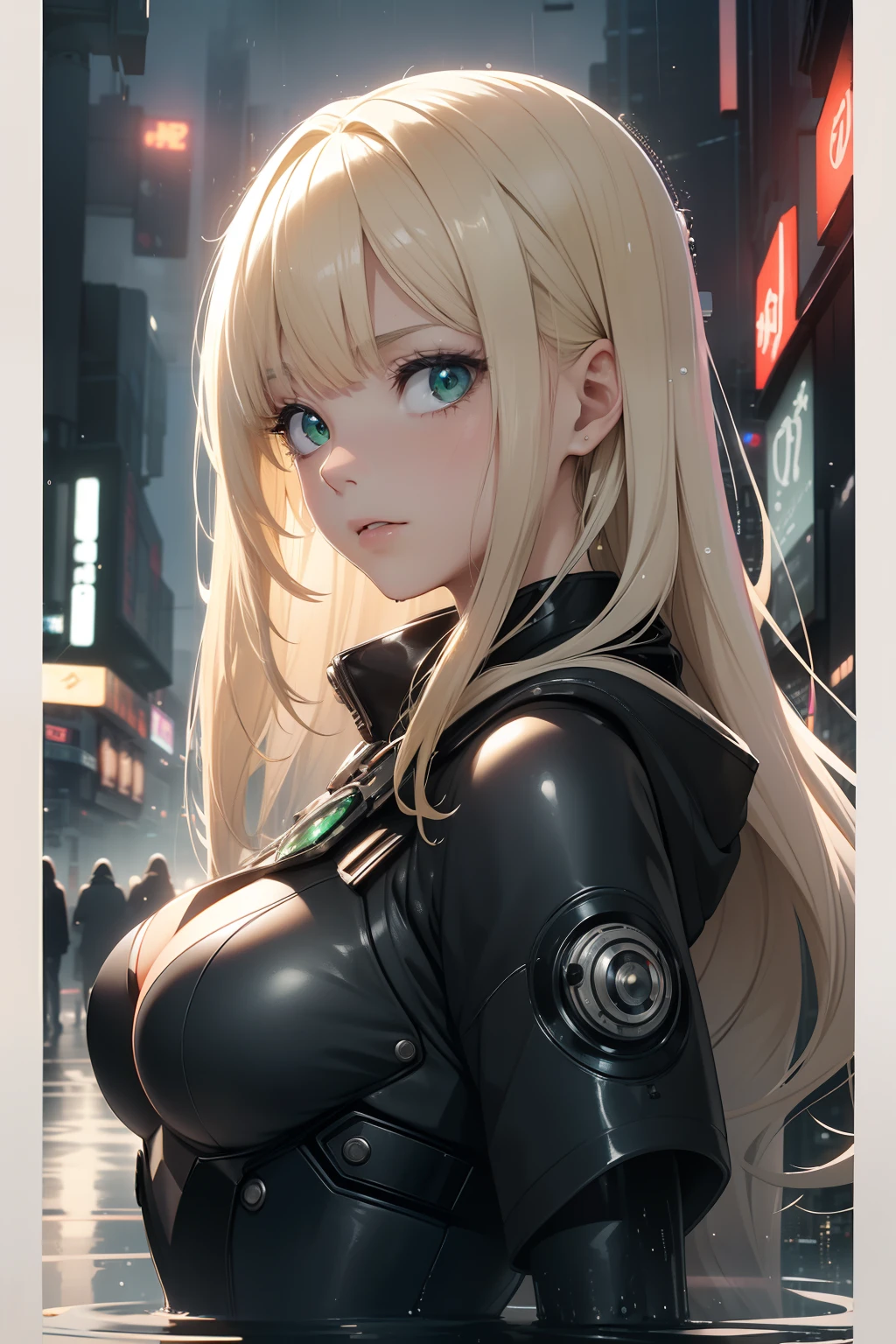 (Best Quality), (masutepiece), (Ultra Details), (Cinematic poster), girl, (upper body), (platina blond hair), incredibly long waved hair, detailed hair, green crystal big eyes, detailed haze, mysterious face, looking to the viewers, head tilt, (wearing cyber punk metal attire), (((in the city of cyber punk such as blade runner))), raining, wet, floating water droplets, minimalistic, Heavenly and hazy, Embodying Spirituality 16:9 format and 8K resolution Sony a7RIV camera, Meike 55mm f/1.8 lenses - ultra-realistic, 8K,