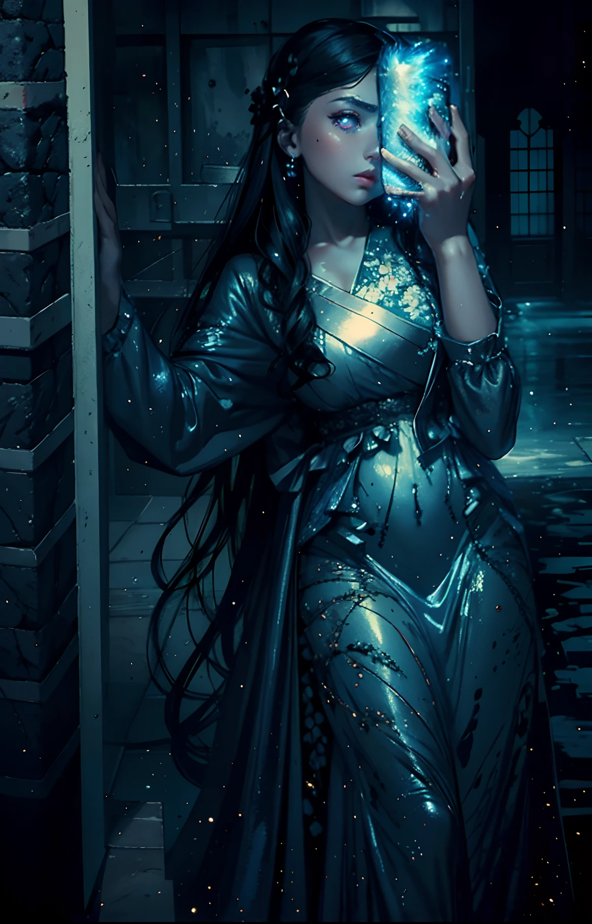 masterpiece,best quality, illustration,{beautiful detailed girl},beautiful detailed glow,(flames of war:1.2),(nuclear explosion behide:1.3),rain,detailed lighting,detailed water,(beautiful detailed eyes:1.1),expressionless,palace,azure hair,disheveled hair,long bangs,hairs between eyes,(whitegrey dress:1.1),black ribbon,white bowties,midriff,big forhead,blank stare,flower,long sleeves