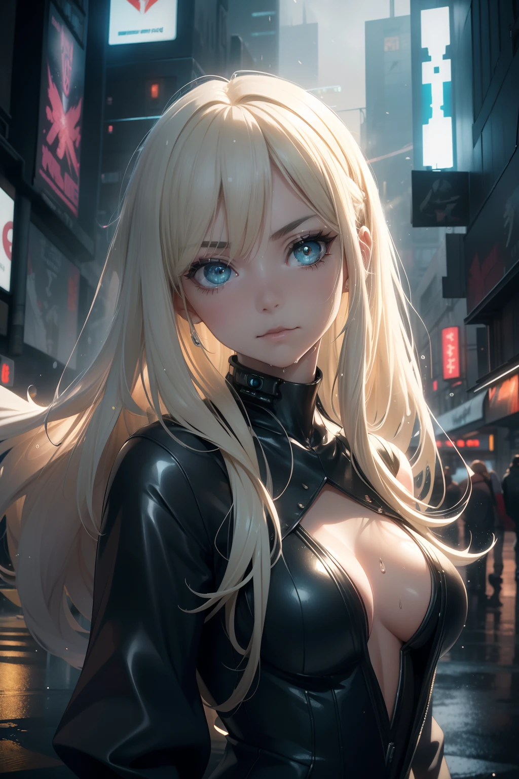 (Best Quality), (masutepiece), (Ultra Details), (Cinematic poster),  girl, (upper body), (platina blond hair), incredibly long waved hair, detailed hair, green crystal big eyes, detailed haze, mysterious face, looking to the viewers, head tilt, (wearing cyber punk metal attire), (((in the city of cyber punk such as blade runner))), raining, wet, floating water droplets, minimalistic, Heavenly and hazy, Embodying Spirituality 16:9 format and 8K resolution Sony a7RIV camera, Meike 55mm f/1.8 lenses - ultra-realistic, 8K,