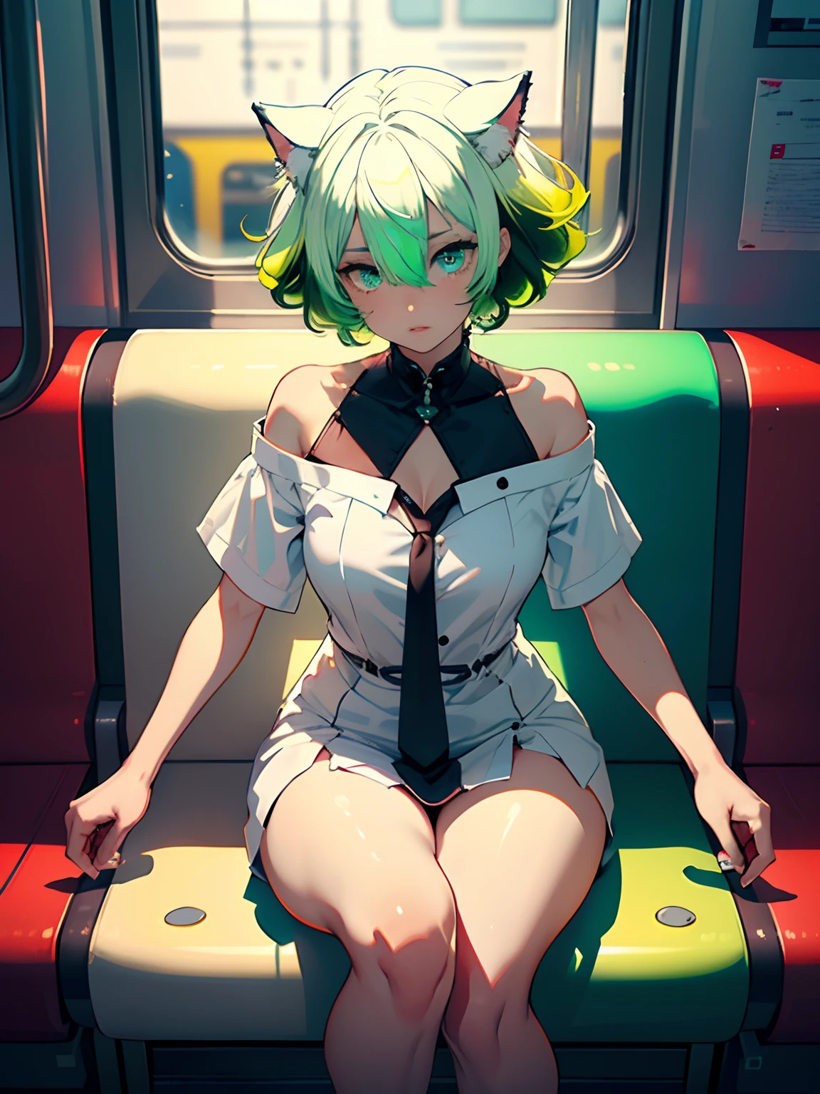 Masterpiece, Best quality, Ultra-detailed, illustration, Beautiful detailed eyes, Cute cat girl,Short hair, ((White hair)), (Green hair), (Gradient hair :1.5), (Big hair :1.4) , Cyan eyes, ((sitting in the train seat)),Floating white silk, Stars in Eyes,Perfect hands,nice hand,Perfect legs,Perfect body, ((full bodyesbian)),