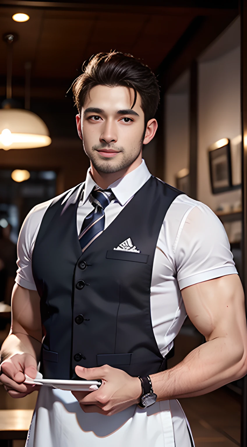 ((Men only)), (head shot), (handsome muscular male waiter in his 30s), (in the restaurant), (apron on bare skin), (showing his abs), (Mischievous smile), (detaile: 1 in 1), Natural muscles, HIG quality, beautidful eyes, (Detailed face and eyes), (Face、: 1 / 2), Noise, Real Photographics、... .................................................................................................................PSD, Sharp Focus, High resolution 8K, realisitic & Professional Photography, 8K UHD, Soft lighting, High quality, Film grain, FujifilmXT3