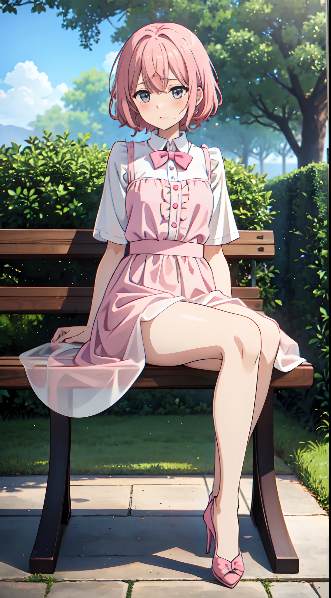 ((One guy)),Cute girl,Short pink curly hair,Wearing a pink maxi dress,white stockings,high-heels,Sitting on a park bench,The girl lifted her skirt,Reveal wet panties,Shyness blush