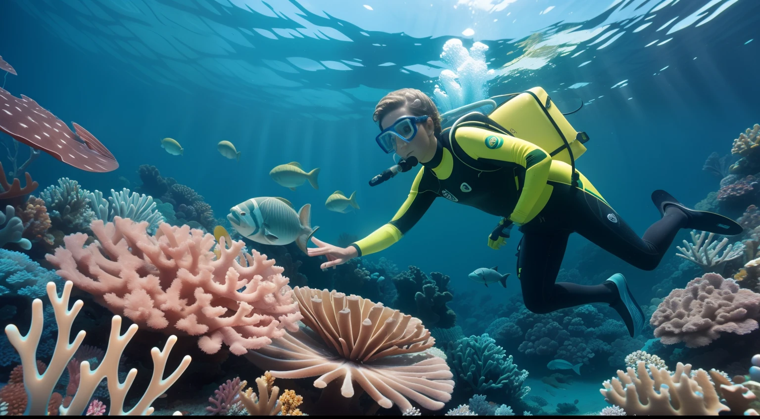 Date: 1966
Country: Australia
Description: Against the backdrop of the Great Barrier Reef, a young marine biologist in a wetsuit and snorkel explores the underwater world, showcasing Australia's commitment to environmental conservation.