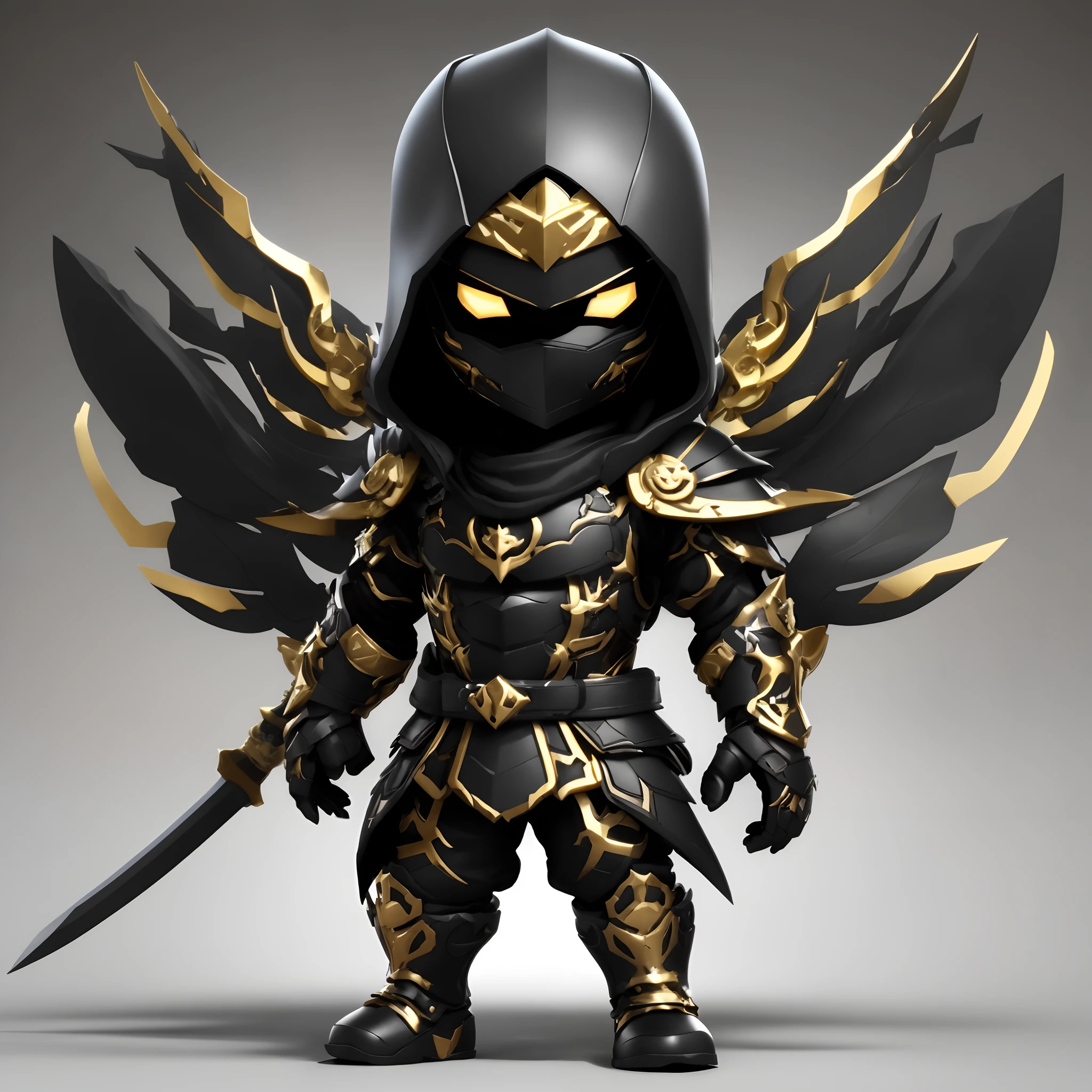 Close-up of a toy with sword and armor, anthropomorphic raven knight, gold obsidian armor, black and golden armor, black and gold armor, Sharp black armor, Dark Souls Armor Concept, heavy gold obsidian armor, Dark Armor, 3 d render official art, 3d rendering stylized, Black shiny armor, unreal engine character art