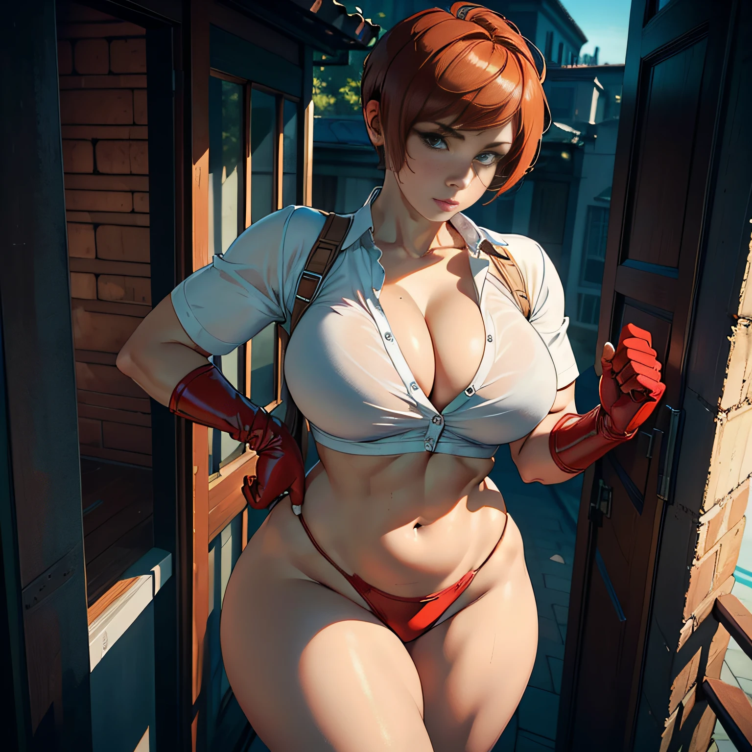 (high resolution, The pixels are perfect, luxurious illustration), (hyper qualit, Masterpiece, Ethereal: 1.4), nagatiti, (Medium breasts: 1.75), (Breast tightness: 1.3), (Bimbo 1.25 ),(((A décor shirt that is unbuttoned))), (No bras: 1.4), (Realism:1.4), (Realistis:1.4), (absurderes:1.4), 8K, Ultra-detailed, Beautiful and delicate mature face,(Solo:1.4), (red honey) Hair, (((Pixie cut))), 1girll, (Face viewer: 1.25), Intricate body details, (A MILF: 1.4), (Curvy:1.35), Mexican woman posing on balcony, big-areola ,Carmelto,Titillating ,Torn, Very beautiful, Curvy physique, Fitness model, Thick body, Superhero bikini bodybuilder,,(((Glove Carmelto))),Naughty face,opening legs