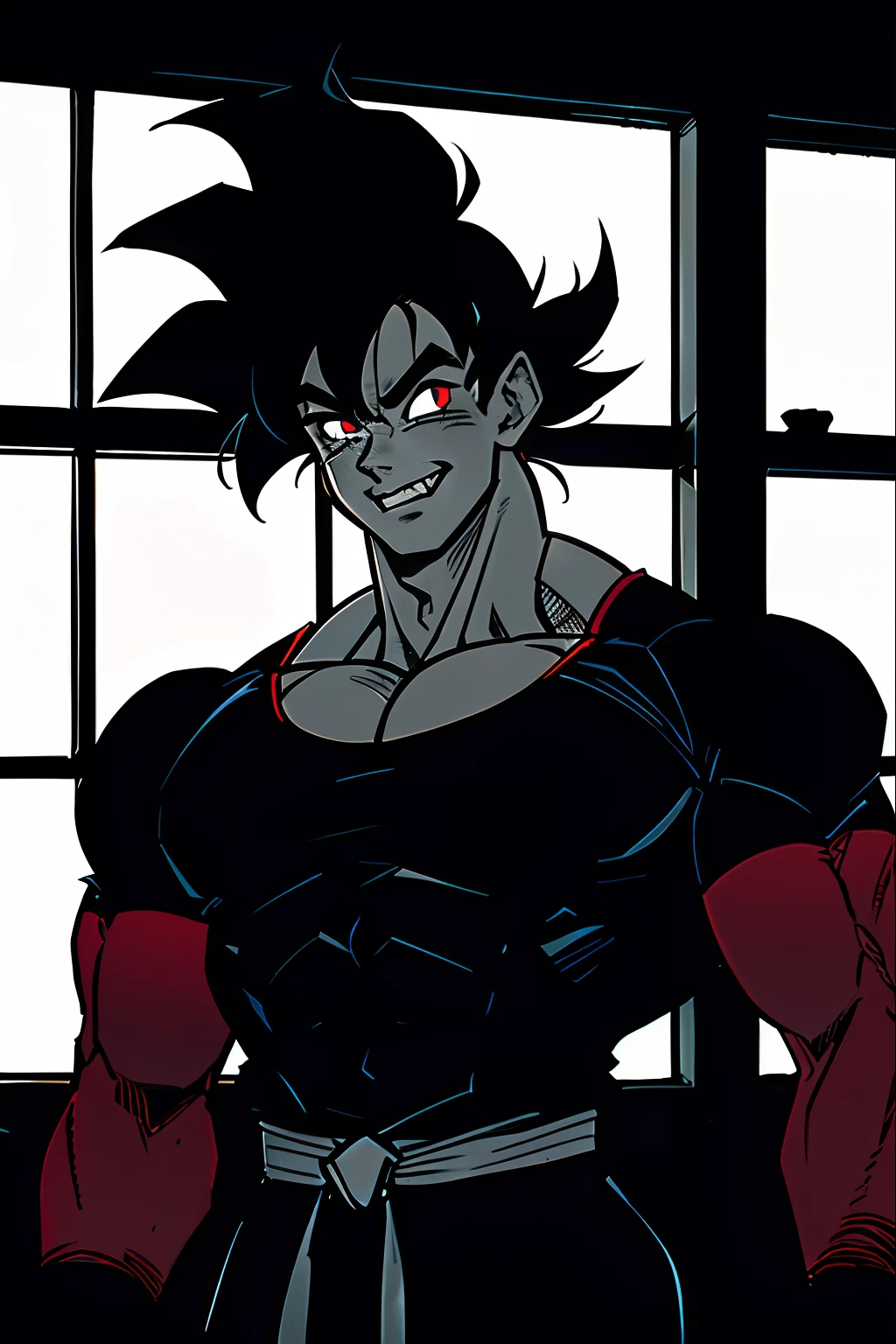 Son Goku， 1boy， The light from the back window is backlighted， Black eyes， Black color hair， blue wristband， Keep one's mouth shut， impasto， Hairline， Raised his hand， light particules， looking at viewert， malefocus， musculous， big muscular male， chest muscle， ssmile， 独奏， spiked hair， The upper part of the body， Wristbands， Fang，vampire tooth，Fang，red color eyes（（tmasterpiece））