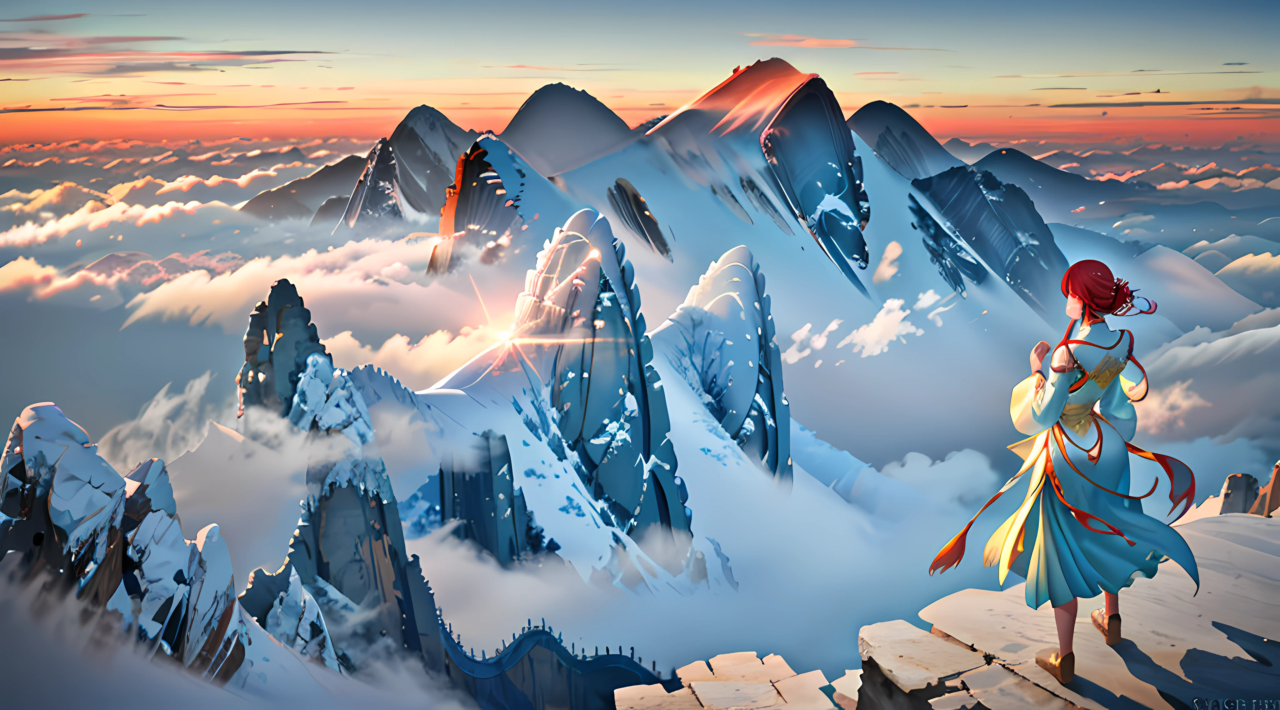 Aerial view of Mount Hua,At the top of the mountain, a fairy dressed in ancient costume looks at the sunrise in the distance,only beautiful scenery,Above the clouds,Realistic skyline