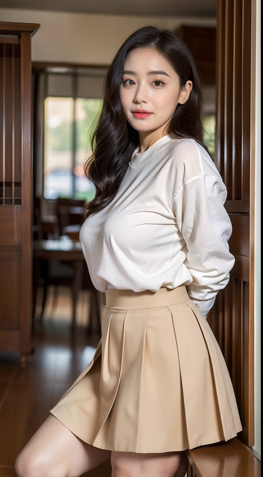 ​masterpiece, top-quality, 超A high resolution, (Photorealsitic:1.4), 32K,beautiful  lighting, Raw photography, 8K UHD, A detailed face, A detailed eye,Detailed eyes,Symmetrical eyes,Good balance between the left and right eyes,no-makeup:1.5,beautiful a girl, Cute little girl s,(((with round face,a baby face,Young Face, Narrow eyebrows,round upturned nose,Letter to))),(((Wearing a big white long shirt and a long pleated skirt,Wear a loose skirt))), (((［Big white long shirt:1.5,I wear a loose long skirt:1.5］,This is a common-sense configuration,Not erotic))),(Colossal tits:1.5,Big buttocks,Thicker thighs,Feminine body line:1.5,bbw:1.6,Thick body line),((sideboob barbosa)),Inside the library, longshot,Facing backwards、Looks Back