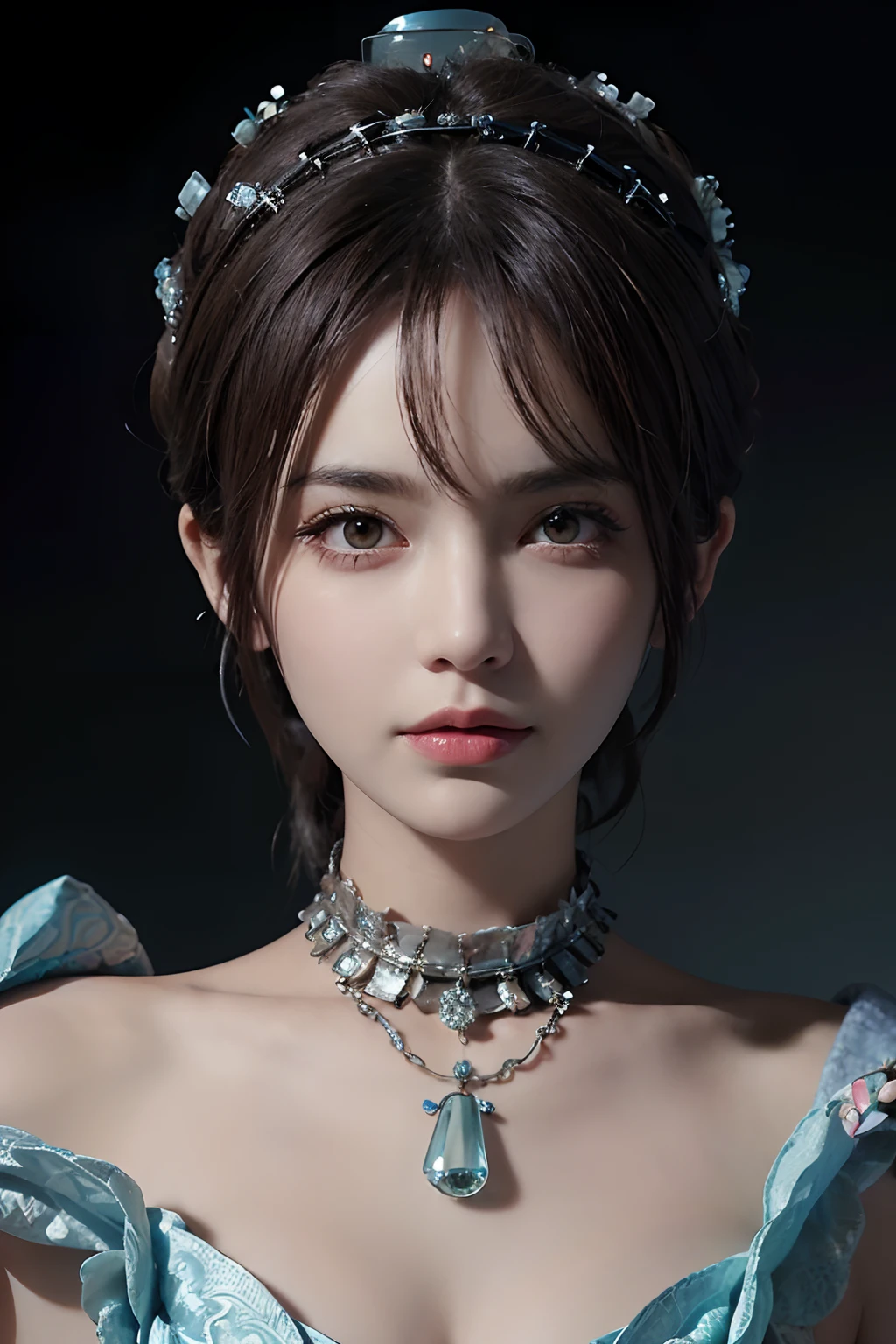 Woman with platinum hair,in a dress of ice flowers,A beautiful crown is worn on his head,详细的脸,Detailed skins,frontage,Frozen forest in background,Cover of a,unzoom,choker,Super detailed painting,Photosensitism,Bar lighting,复杂,4K resolution concept art portrait by Greg Unzoom,choker,Greg Jr. Fusion Pojatti Realist Gothic,Fractal isometric measurement details bioluminescence:A stunning photorealistic for 30 years