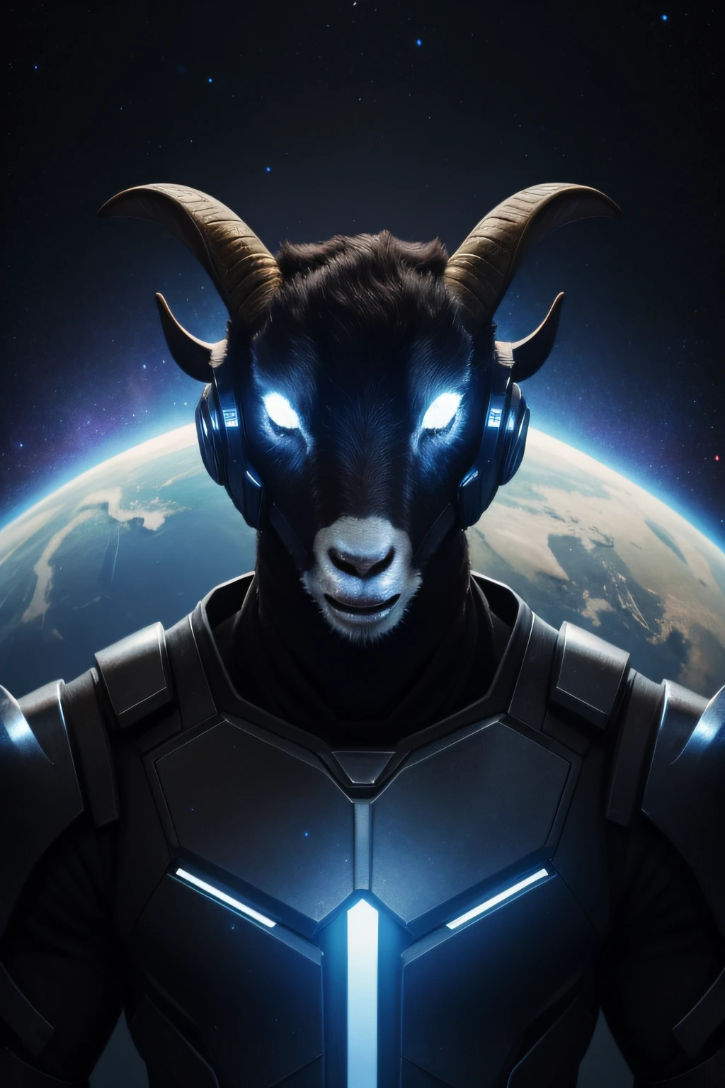 scifi-goat, human-body, goat-face, black-armor, galaxy-background