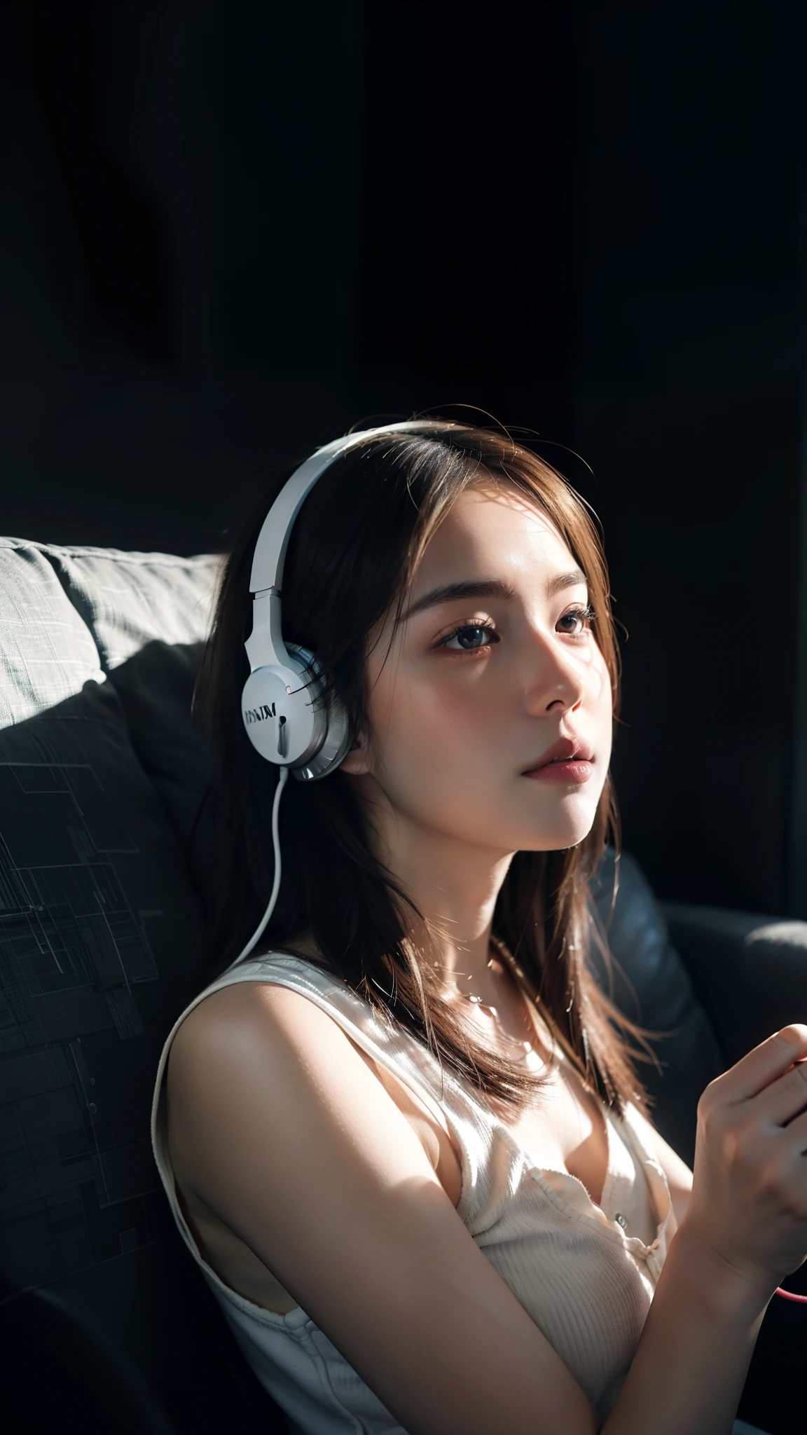 There is a woman sitting on a sofa wearing headphones, a photorealistic painting inspired by Ayami Kojima, Trend of CGsociety, Digital art, realistic art style, with headphone, photorealistic art style, Casual pose, photo-realistic low lighting, photorealistic anime girl rendering, photorealistic 35mm, with headphone, realistic soft lighting