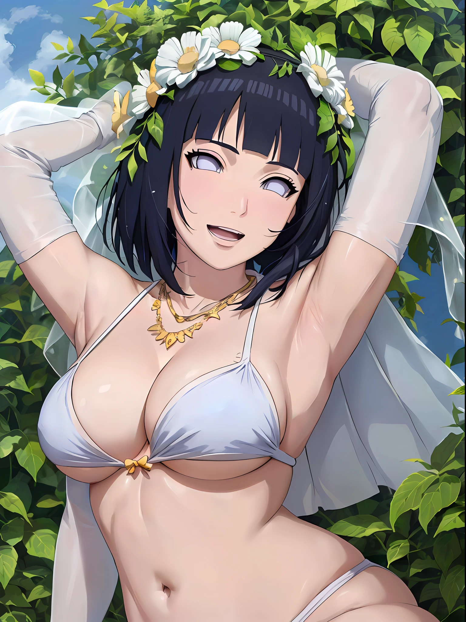 (WALLPAPER, masterpiece, 1k, anime style:1.9, laying on flower bed, (navel, dirty armpits, groin), contrast lighting, (detailed beach background, (lean forward), big breasts, big boobs, open mouth, high color saturation, bold lines, bold drawing lines, (strong arms, flat belly, groin), detailed bold arm lines), (strong arms, thick arms, detailed shoulders), strong light on body, plain, bare body, (large breasts, perky boobs), minimum clothing, taking off shirt, bare shoulders, off-shoulders, bare chest, (very tight pure white tiny bikini, wedding veil, white flower wedding tiara, long white gloves, white leg flower band, gold necklace), no shirt, showing off), hinata\(boruto\), mature female, sunbathing, milf, (curvy:0.8), solo, (short hair, hime cut), (dark blue hair color:1.1), white, flat belly, perfect eyes, white sciera, white eyes, anime eyes, smoky eyeliner, eyeshadow, perfect face, shy, sharp focus, professional artwork, intricate details, colorful, vibrant colors, vivid colors, digital blending, ultra detailed body, ultra detail hair, ultra detail face, trending on pixiv, kind smile, shy, very hot colors, sunny day, outdoor,