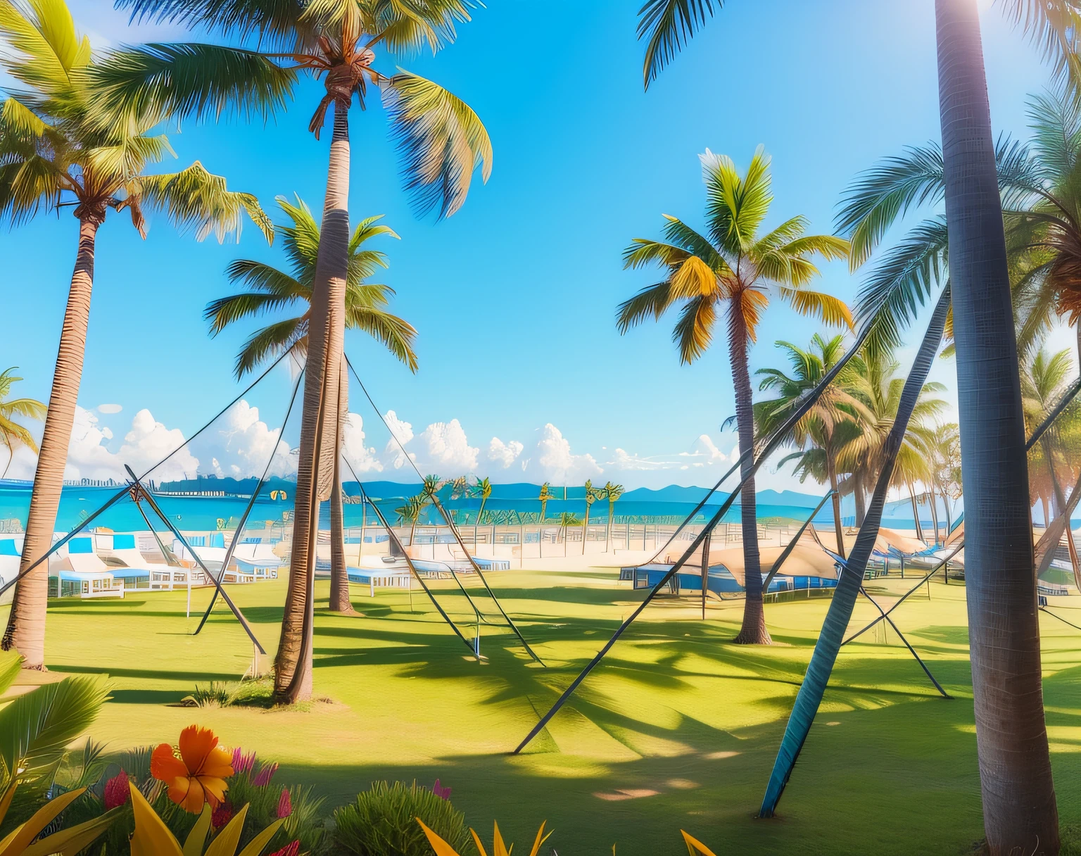 There are many palm trees in the meadows by the water, in a beachfront environment, Palm trees in the background, paradise in the background, outdoors tropical cityscape, Tree palm tree in background, Beach trees in the background, with palm trees in the back, On a sunny day, palm trees on the beach, Near the beach, author:Jacob Galmain