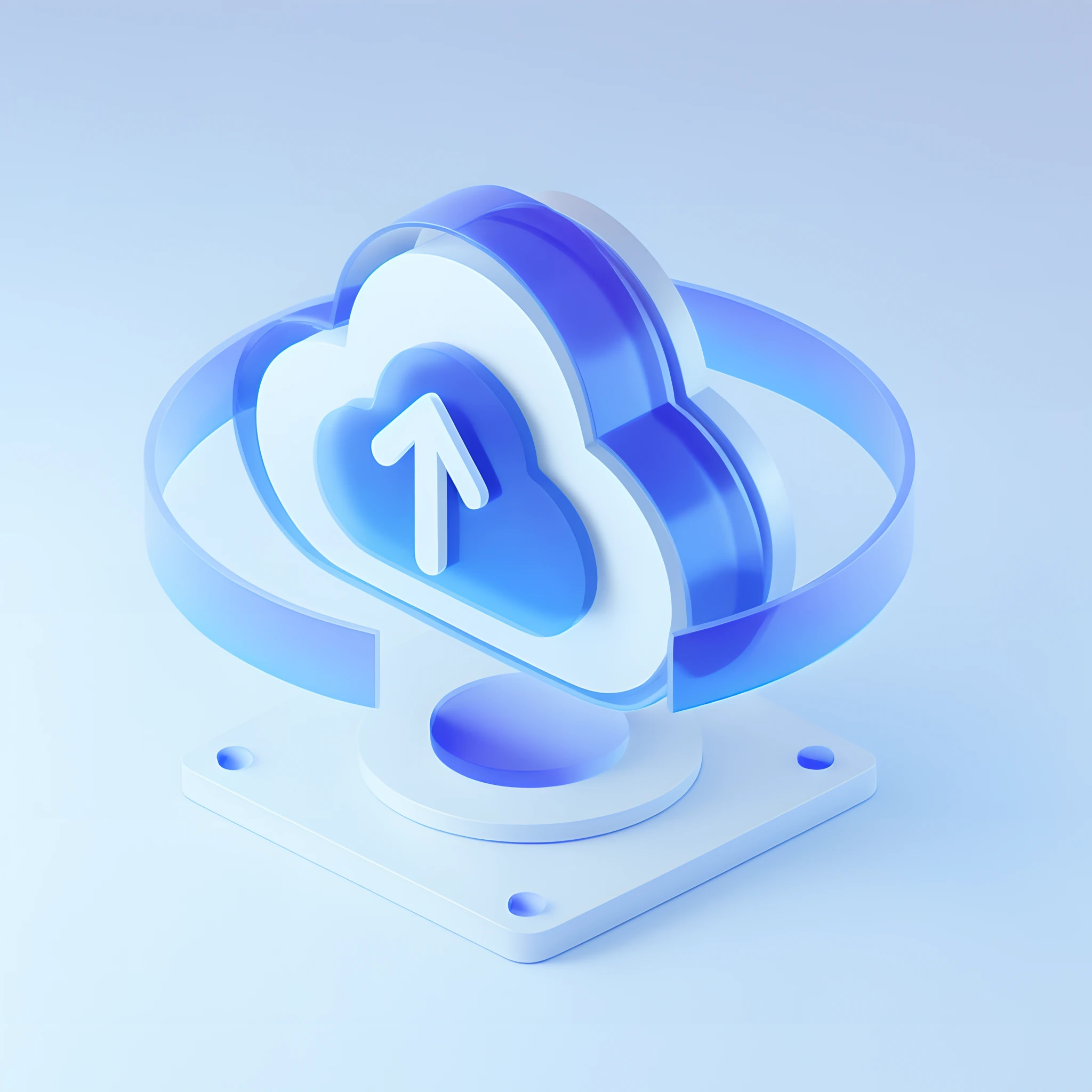 There is a 3D rendered arrow pointing to the cloud on the bracket,Volumetric clouds are portrayed as high-quality cloud storage and cloud servers,Presents a realistic blue color。