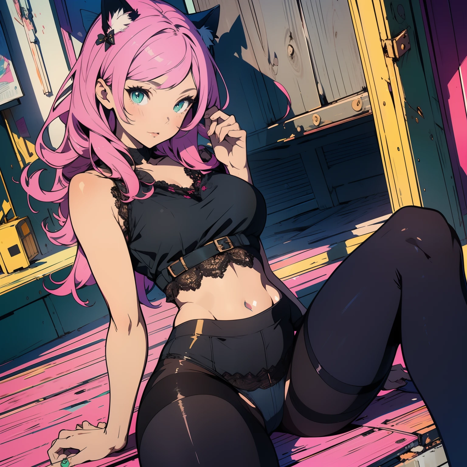 (finely detailed beautiful eyes and detailed face,masterpiece, full body shot, sidelighting,masterpiece,best quality,detailed,high resolution illustration), (1girl, solo, alone) alluring face and chest, big chest, sexy
(1girl,whole body,bishoujo,lustrous skin,looking down,looking at viewer),
(pink hair,blue and green eyes, cat-girl, yellow crop top, black panties, wearing lace black pantyhose)