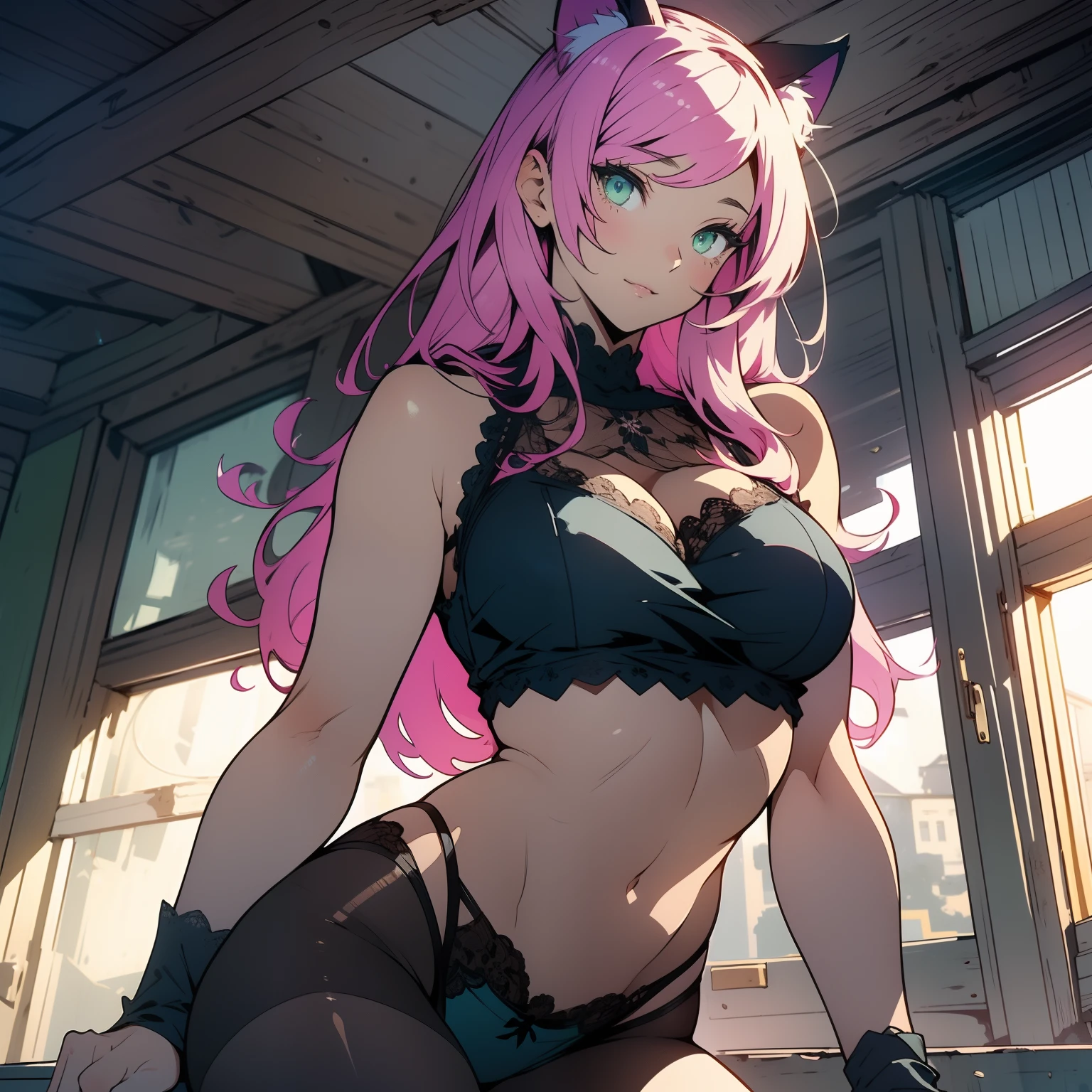 (finely detailed beautiful eyes and detailed face,masterpiece, full body shot, sidelighting,masterpiece,best quality,detailed,high resolution illustration), (1girl, solo, alone) alluring face and chest, big chest, sexy
(1girl,whole body,bishoujo,lustrous skin,looking down,looking at viewer),
(pink hair,blue and green eyes, cat-girl, yellow crop top, black panties, wearing lace black pantyhose)