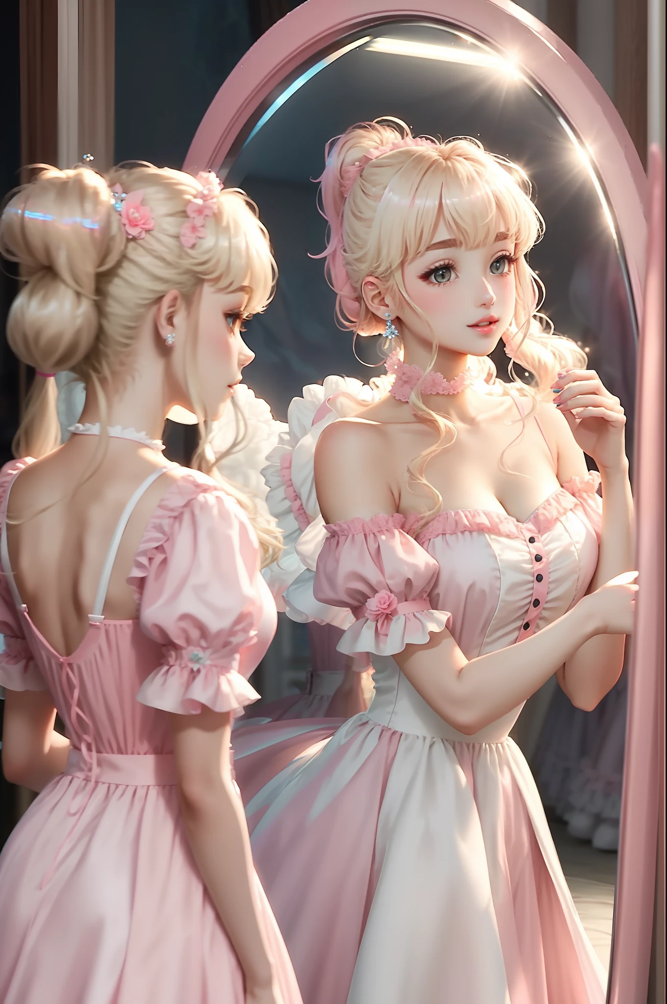 Princess　A Princess　Soft　Best quality in good style(Highest Quality) , High quality(hiquality)　Pink and fluffy dress blonde and soft hair　Ponytail corolla　The whole body is reflected A wonderful atmosphere with very delicate tones