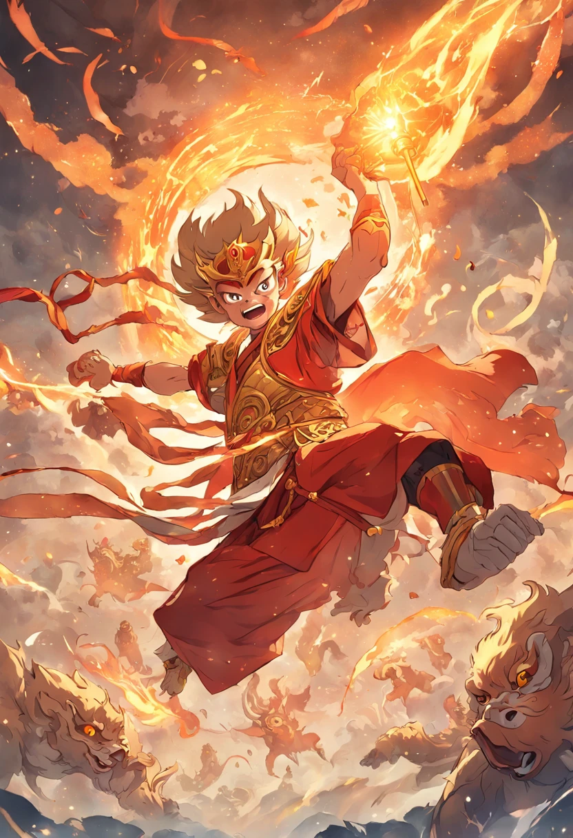 Monkey King, mythical creature, legendary hero, Sun Wukong, golden staff, fiery eyes, mischievous smile, long sideburns, furry tail, cloud riding, flying, martial arts, transformation, monkey features, powerful, agile, traditional Chinese attire, red and gold robe, golden crown, celestial armor, magical powers, fighting demons, Journey to the West, epic adventure, mythical realm, celestial palace, dragons, gods, immortal, monkey army, Ruyi Jingu Bang, somersault cloud, fire manipulation.