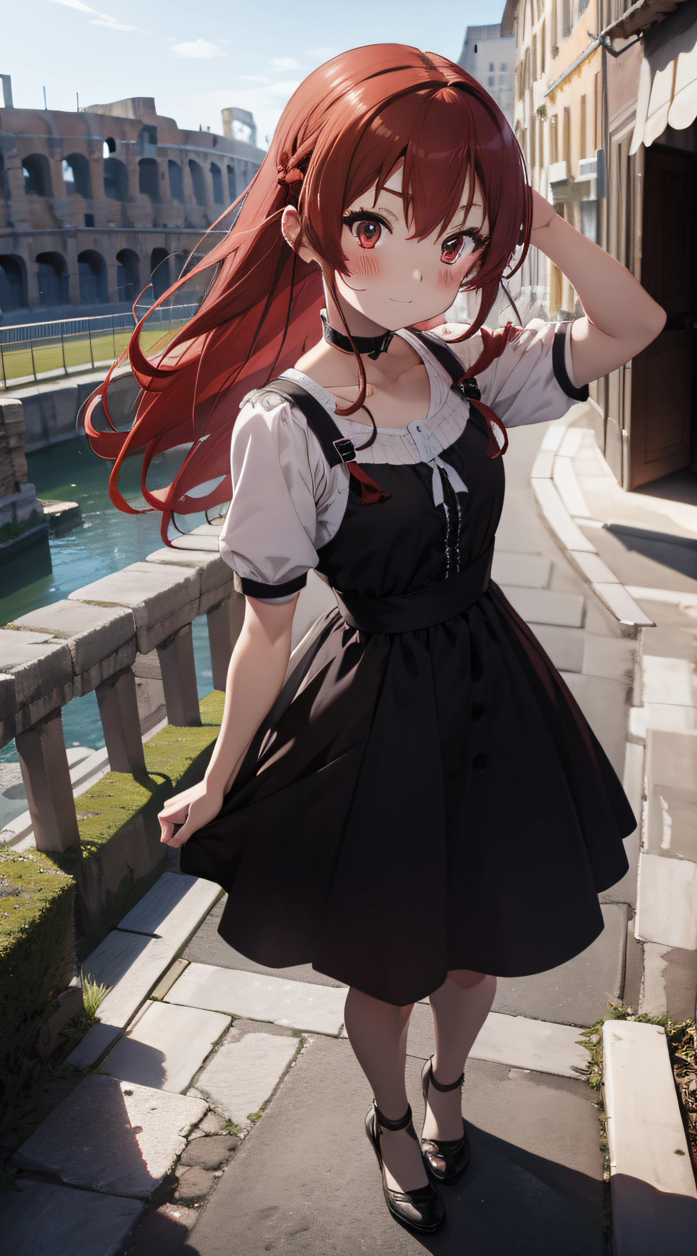 anime girl, lonely, red hair, braids, happy, looks at the viewer, colosseum, italy, rome, serene, gothic dress, gothic clothes