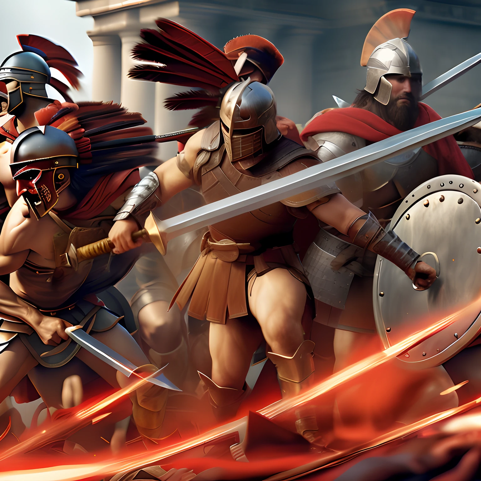 there are many men in armor holding swords and shields, leading spartans into battle, detailed game art illustration, epic battlescene, age of empires, trojan war, fall of rome, 8k,Realism,( fix hand)