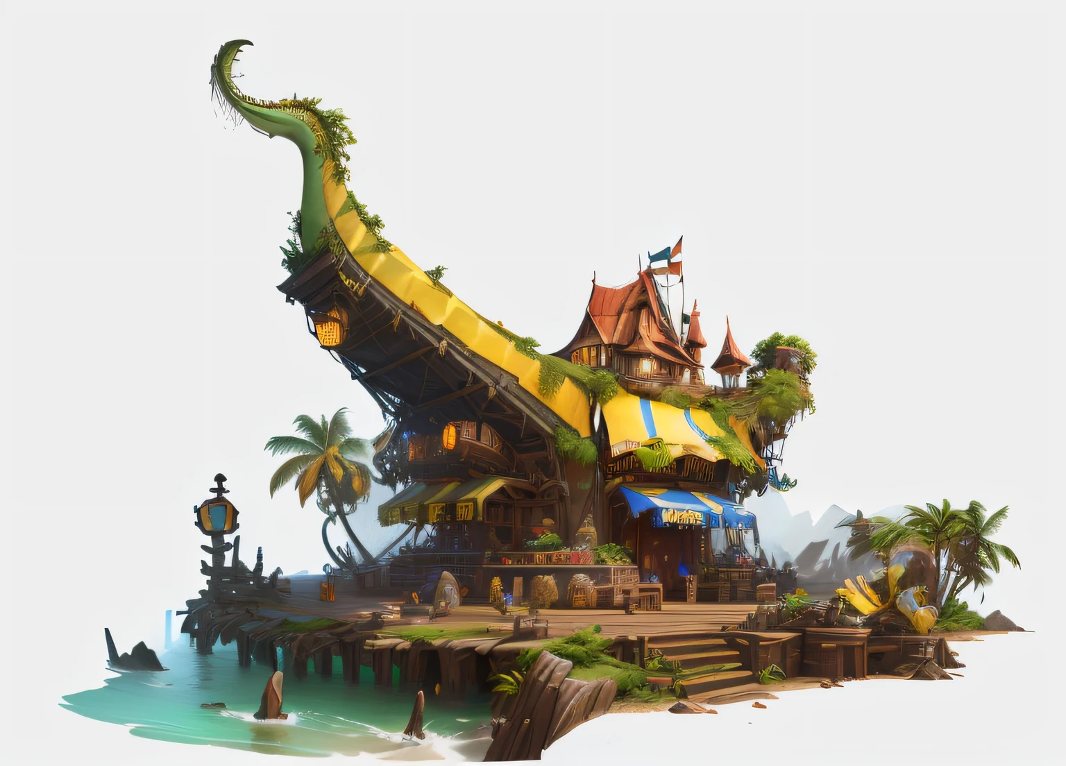 There is an island with bananas and a restaurant, concept-art, concept-art, by senior environment artist, Stylized concept art, Official concept art, concept art highly detailed, concept artwork, concept art rendering, concept art illustration, concept art for a video game, colorful warcraft architecture, concept-art ， highly rendered, Official illustration, “a dinosaur market