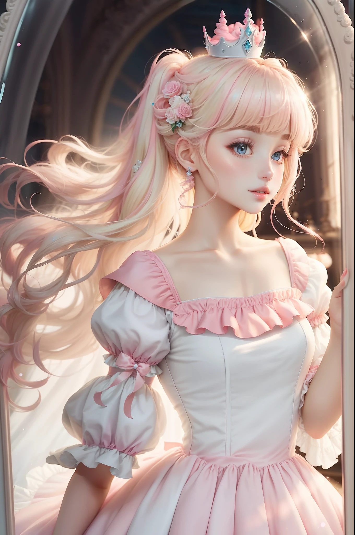 Princess A Princess Soft Best quality in good style(Highest Quality) , High quality(hiquality) Pink and fluffy dress blonde and soft hair corolla Half-up The whole body is reflected A wonderful atmosphere with very delicate tones