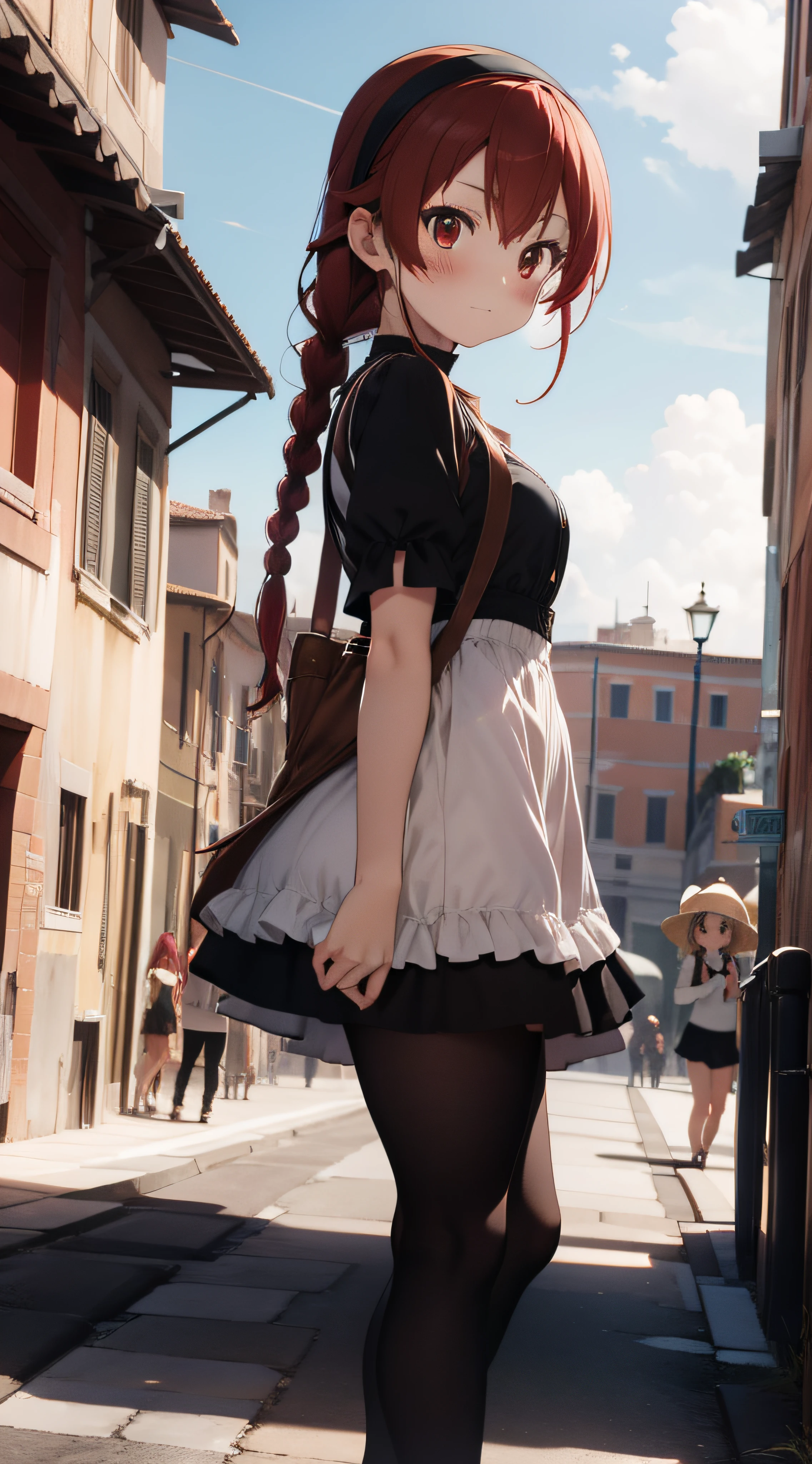anime girl, lonely, red hair, braids, happy, looks at the viewer, colosseum, italy, rome, serene, gothic dress, gothic clothes