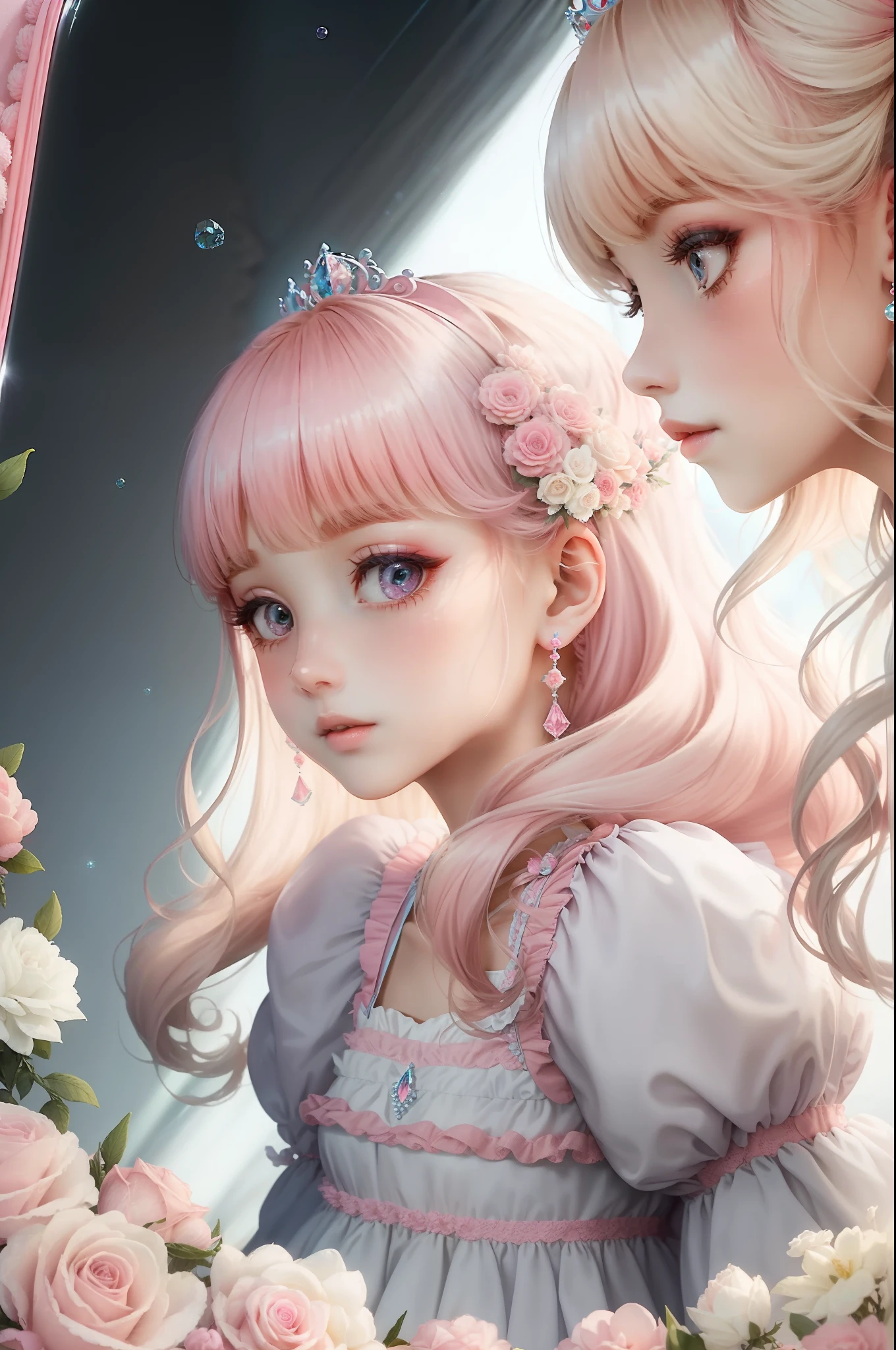 Princess　A Princess　Soft　Best quality in good style(Highest Quality) , High quality(hiquality)　Pink and fluffy dress blonde and soft hair　corolla　Half-up The whole body is reflected A wonderful atmosphere with very delicate tones