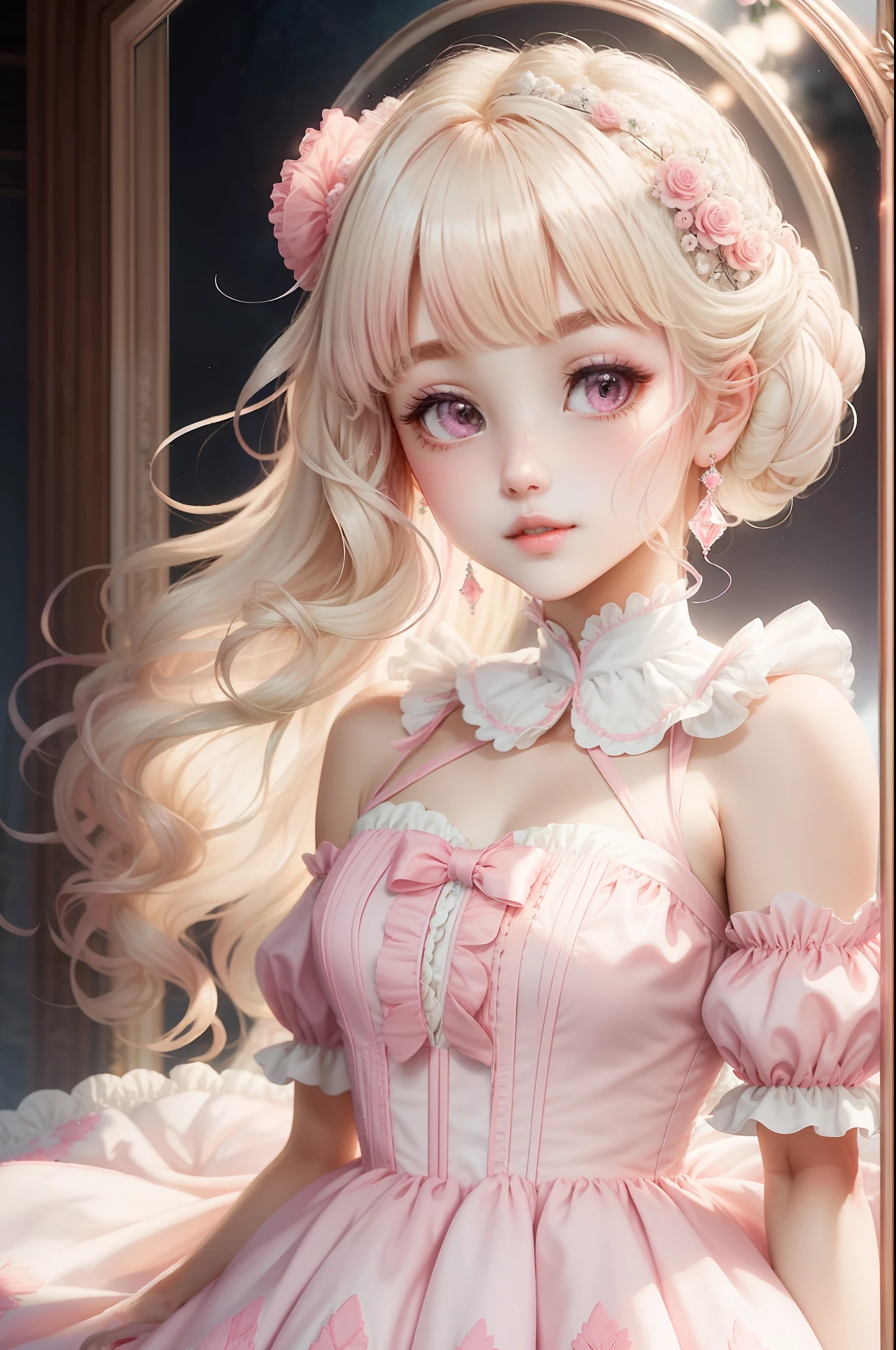 Princess A Princess Soft Best quality in good style(Highest Quality) , High quality(hiquality) Pink and fluffy dress blonde and soft hair corolla Half-up The whole body is reflected A wonderful atmosphere with very delicate tones