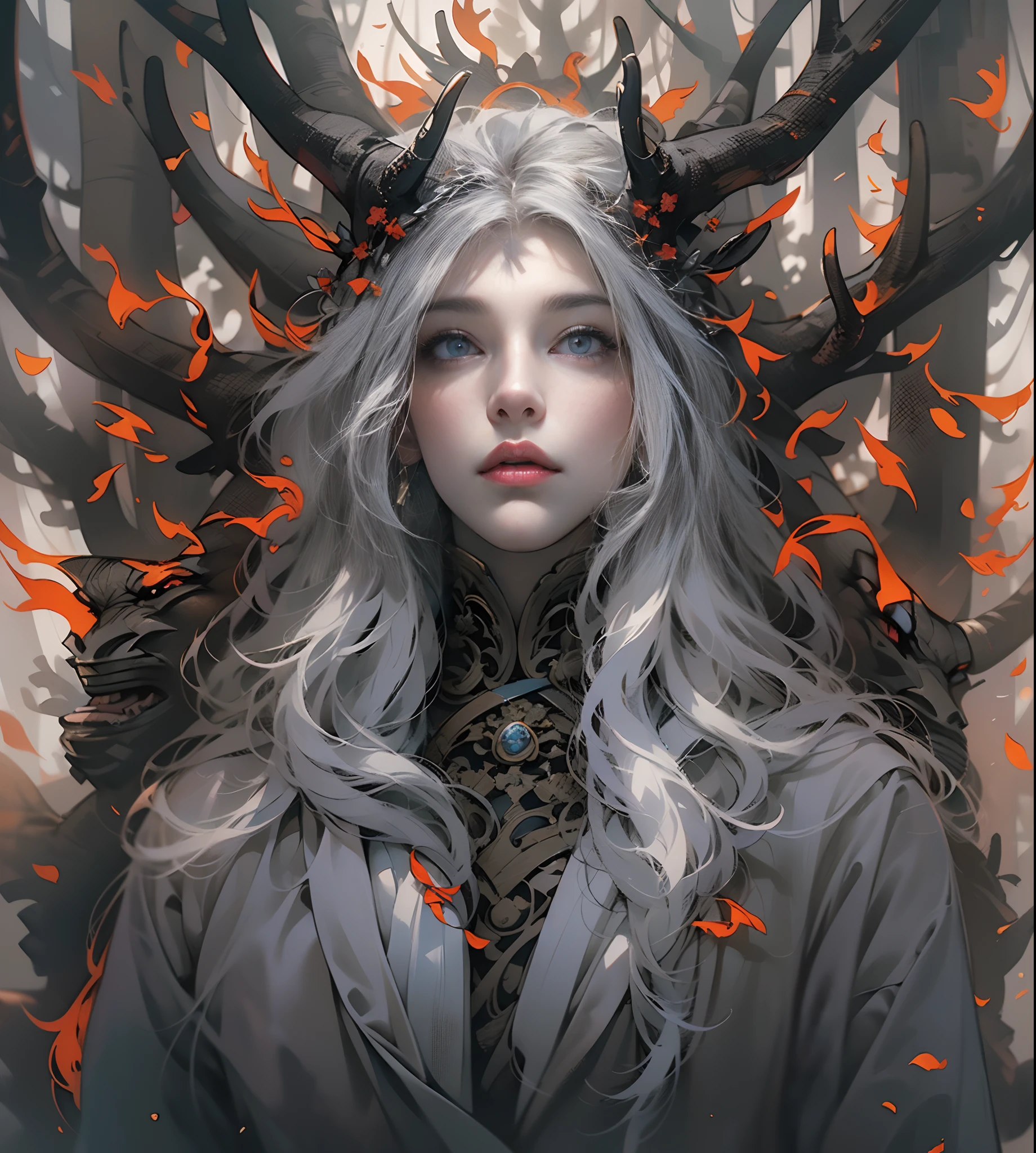 (Gray gloomy background, Dark Forest. Gloomy and hopeless, Dark dramatic lighting, vignette:1.6), 1A girl with a perfect body, Druid, (with large deer antlers on the head:1.5), Realistic eyes, beatiful face, (white colored hair:1.2),  long straight hair, generous cleavage, The body is wrapped in branches, ((perfect anatomy)), Upper torso, (She is dressed in a business suit).  A surge of dark magic, gotik, Burnt orange gradient, Magic, Nature, Magic Splash, 3D vector graphics, Fantasy art, watercolor effect, bokeh, Adobe Illustrator, hand-drawn, Digital Painting, soft-lighting, isometric style, retro aesthetics, 4k resolution, с Cinema 4D, Cinematic, Masterpiece, Highly detailed, Intricate, Extreme textures, Horror, terrific, Creepy, Scarimok a sense of sophistication and tranquility. Accentuate the low-poly style, The overall aesthetic should be sleek and stylish, which makes it suitable for branding and logo.