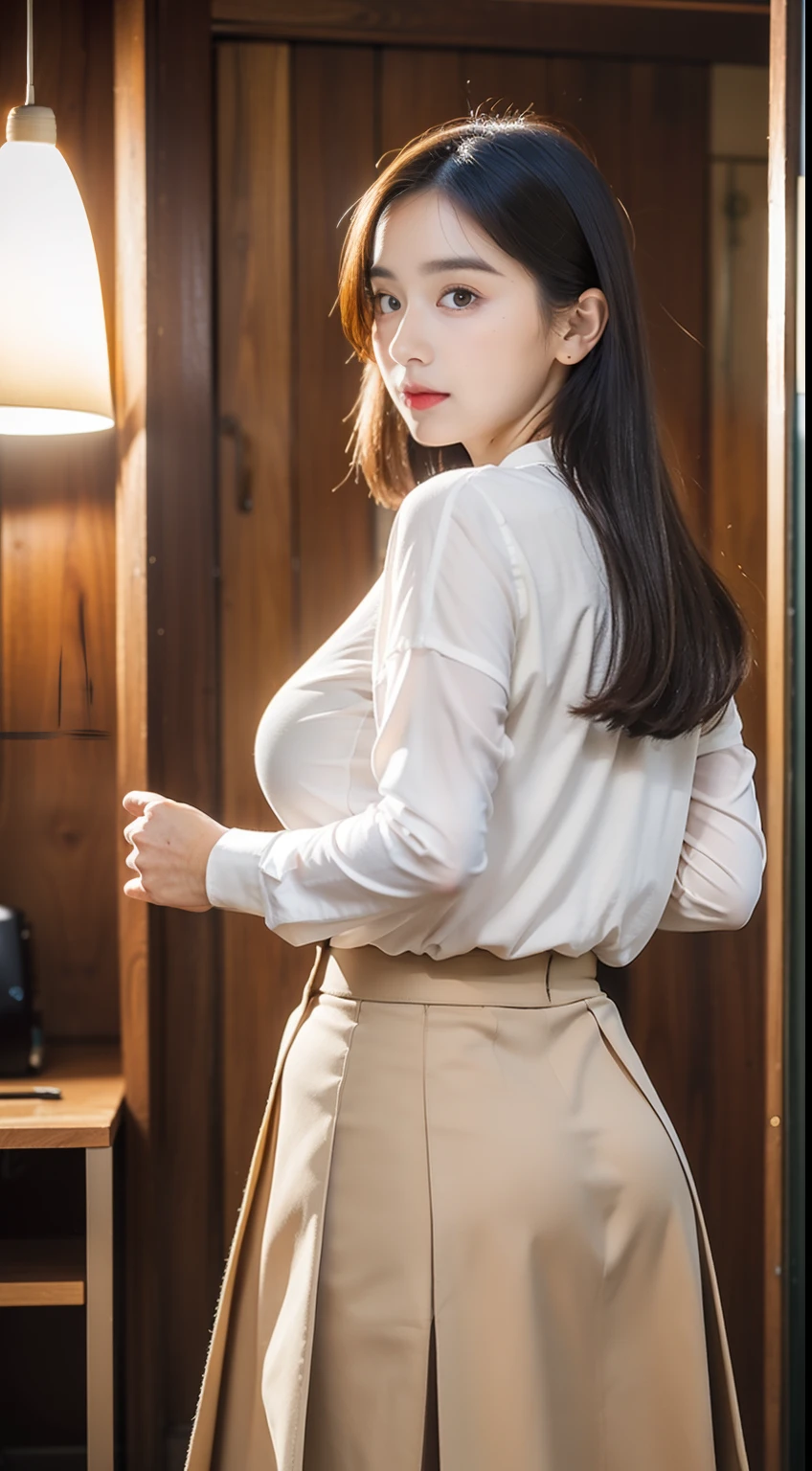 ​masterpiece, top-quality, 超A high resolution, (Photorealsitic:1.4), 32K,beautiful  lighting, Raw photography, 8K UHD, A detailed face, A detailed eye,Detailed eyes,Symmetrical eyes,Good balance between the left and right eyes,no-makeup:1.5,beautiful a girl, Cute little girl s,(((with round face,a baby face,Young Face, Narrow eyebrows,round upturned nose,Letter to))),(((Wearing a big white long shirt and a long pleated skirt,Wear a loose skirt))), (((［Big white long shirt:1.5,I wear a loose long skirt:1.5］,This is a common-sense configuration,Not erotic))),(Colossal tits:1.5,Big buttocks,Thicker thighs,bbw:1.6,Thick body line),((sideboob barbosa)),Inside the library, longshot,Facing backwards、Looks Back
