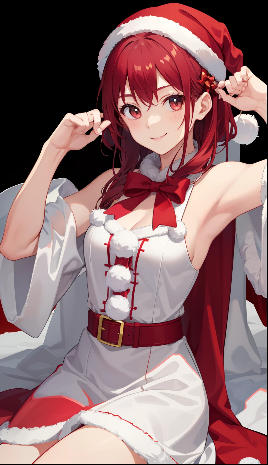 1 girl, solo, red hair, long straight hair, large breasts, nurse_dress, Irys, black head_wear, sexy legwear, V-neck, bra, corrupted, smirk, almost closed eyes