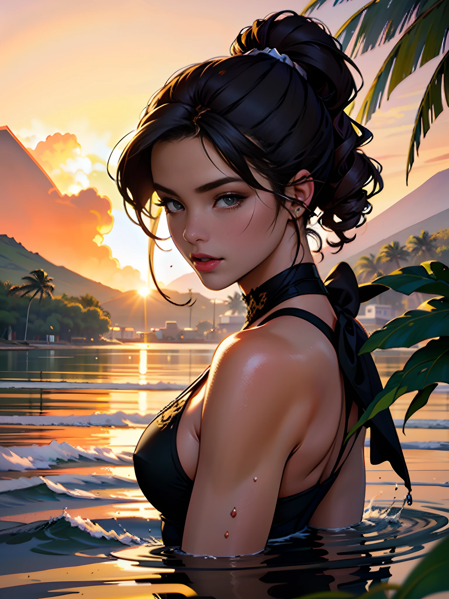 Hawaii Lahaina burning fire in the back, 1 girl painting from the water view, style by Jaime Frias, Best quality, realistic, award-winning illustration in color, (complicated detail: 1.2), (fine detail)