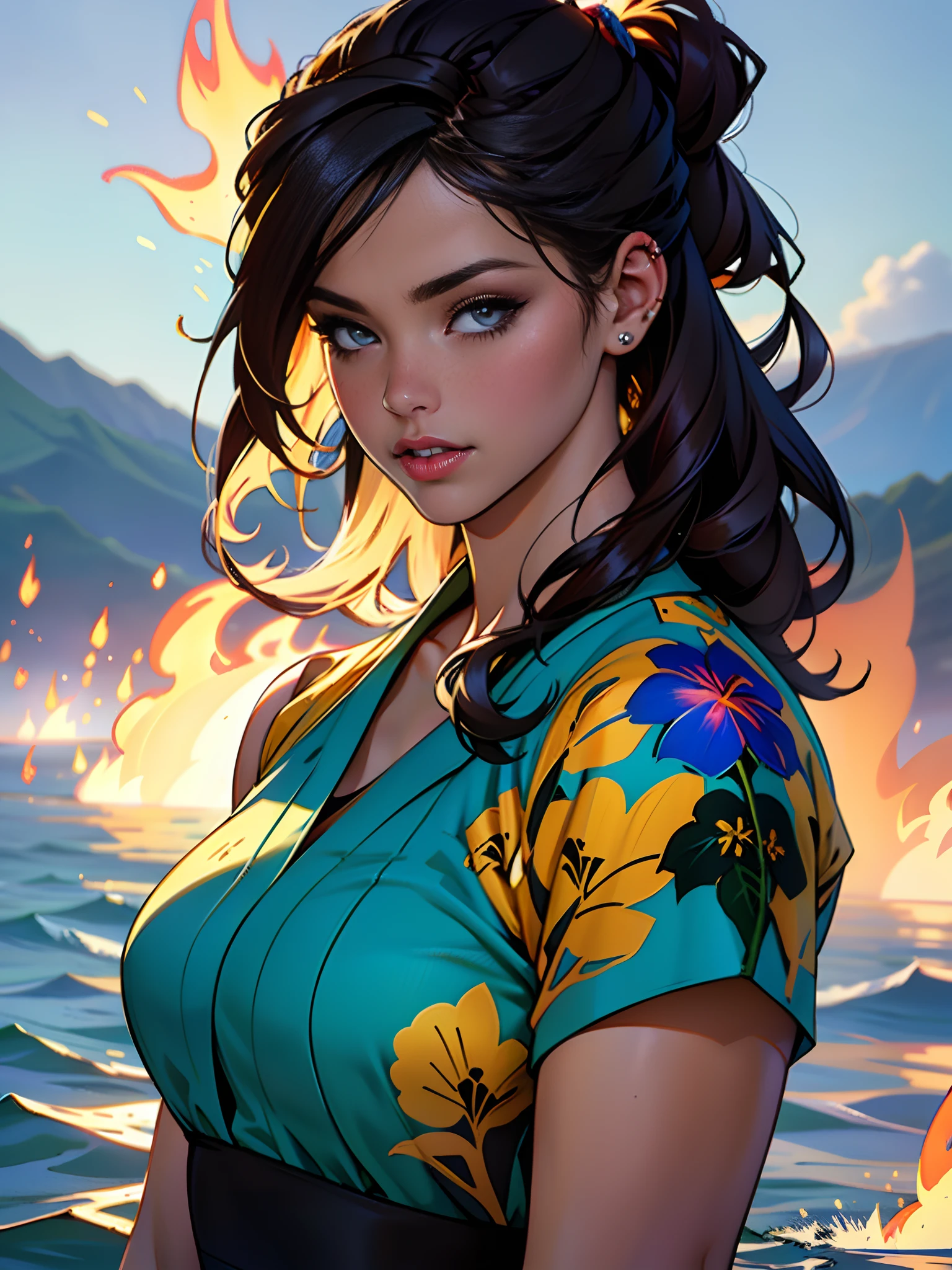 Hawaii Lahaina burning fire in the back, 1 girl painting from the water view, style by Jaime Frias, Best quality, realistic, award-winning illustration in color, (complicated detail: 1.2), (fine detail)