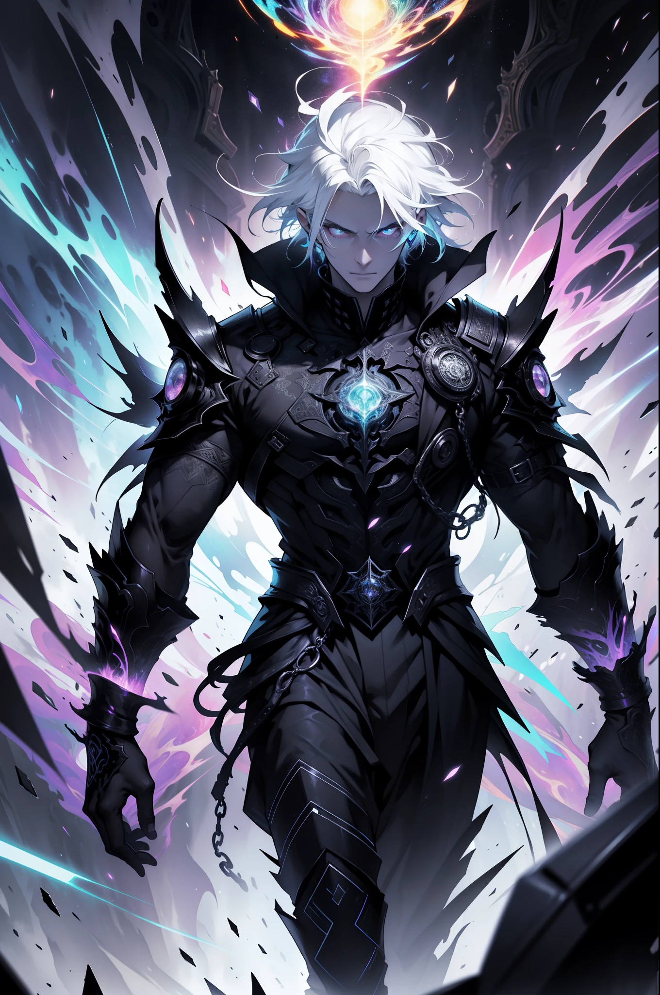 1 handsome guy，Rainbow pupils，Black and white hair，ultra - detailed，（s fractal art：1.4）， rich colourful， detailed back ground，（Fractals in the background：1.2），Chaos and order，Black and white，Light and darkness，angel and demon， hight contrast， Ray traching， cinmatic lighting， （Start from the front：0.6）