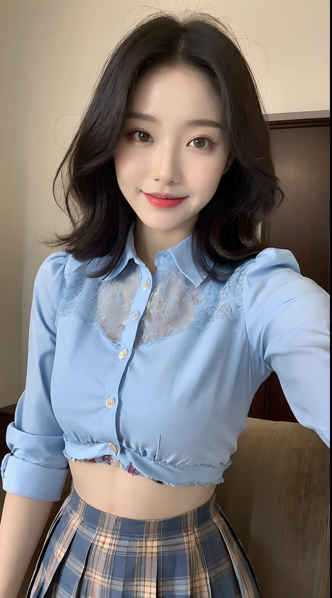 Beautiful 40 year old woman。She wears a tight camisole of light blue-gray satin fabric。Black lace at chest and hem。kindly smile。Her dark brown hair is、Her hair is straight short bob hair。hight resolution、​masterpiece、top-quality、headw:1.4、((Hasselblad photo))、Fine skin、Fine textures