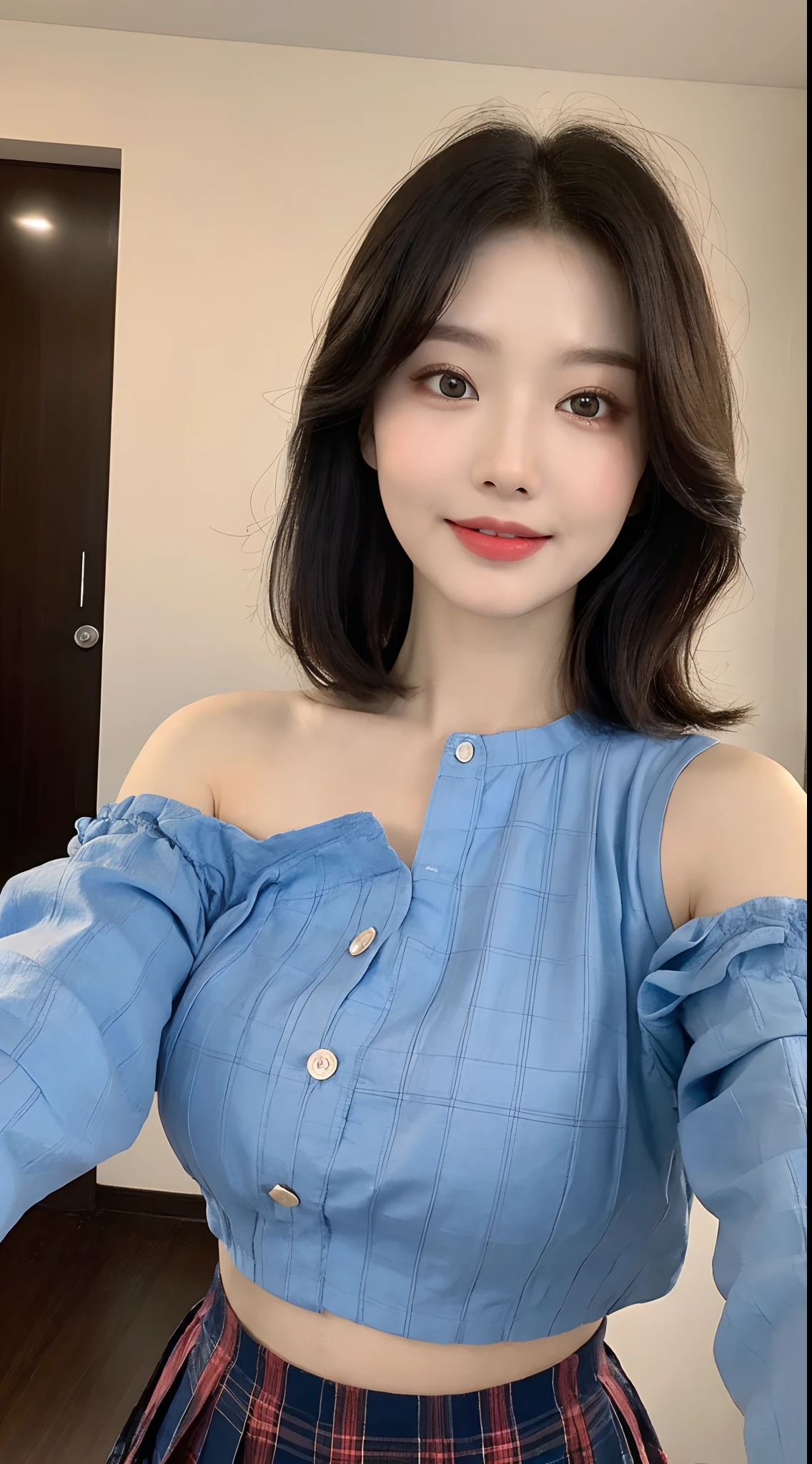 high detal,8K分辨率,超高分辨率,Best image quality,a beauty girl,lipsticks,Love pupils,Peerless beauty,Messy black straight hair,shoulder-length short hair,(Coiled hair)Smooth hair,Intense and beautiful makeup,Exquisite and perfect facial features,the most beautiful big eyes,Be red in the face,Sweet smile,(Wearing a blue lace shirt with buttons,tiese ,Plaid pleated skirt)Open navel,Thin waist,(Full breasts)Get close to the viewer,dynamic angle,Extreme picture quality,Highest accuracy