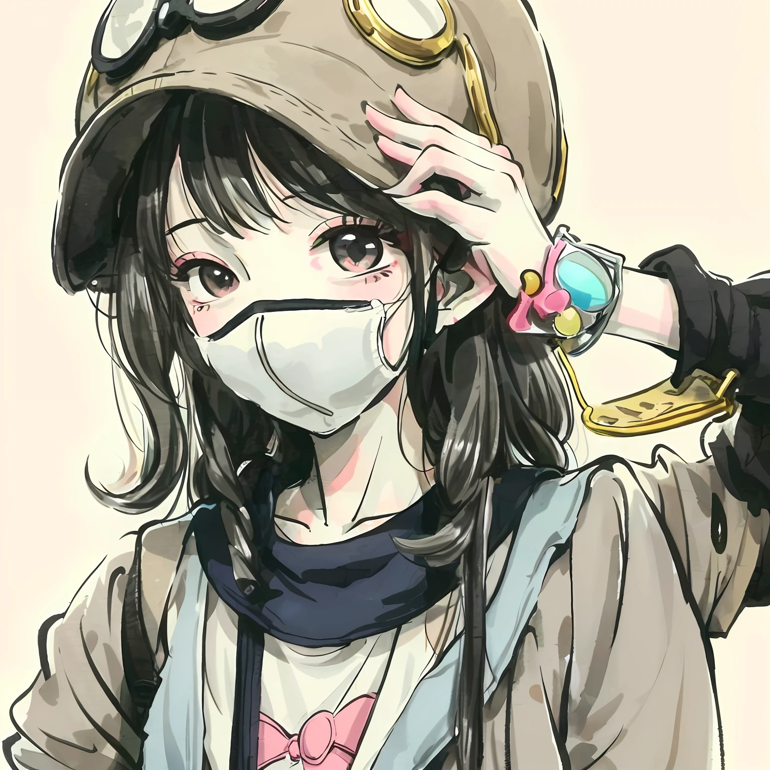 a close up of a person wearing a mask and a hat, e - girl, lofi-girl, E-Girl, in an anime style, no face mask, wearing a cute hat, lofi girl aesthetic, uwu, urban girl fanart, lovely art style, ulzzangs, hat covering eyes, In anime style, wearing a fisher 🧥