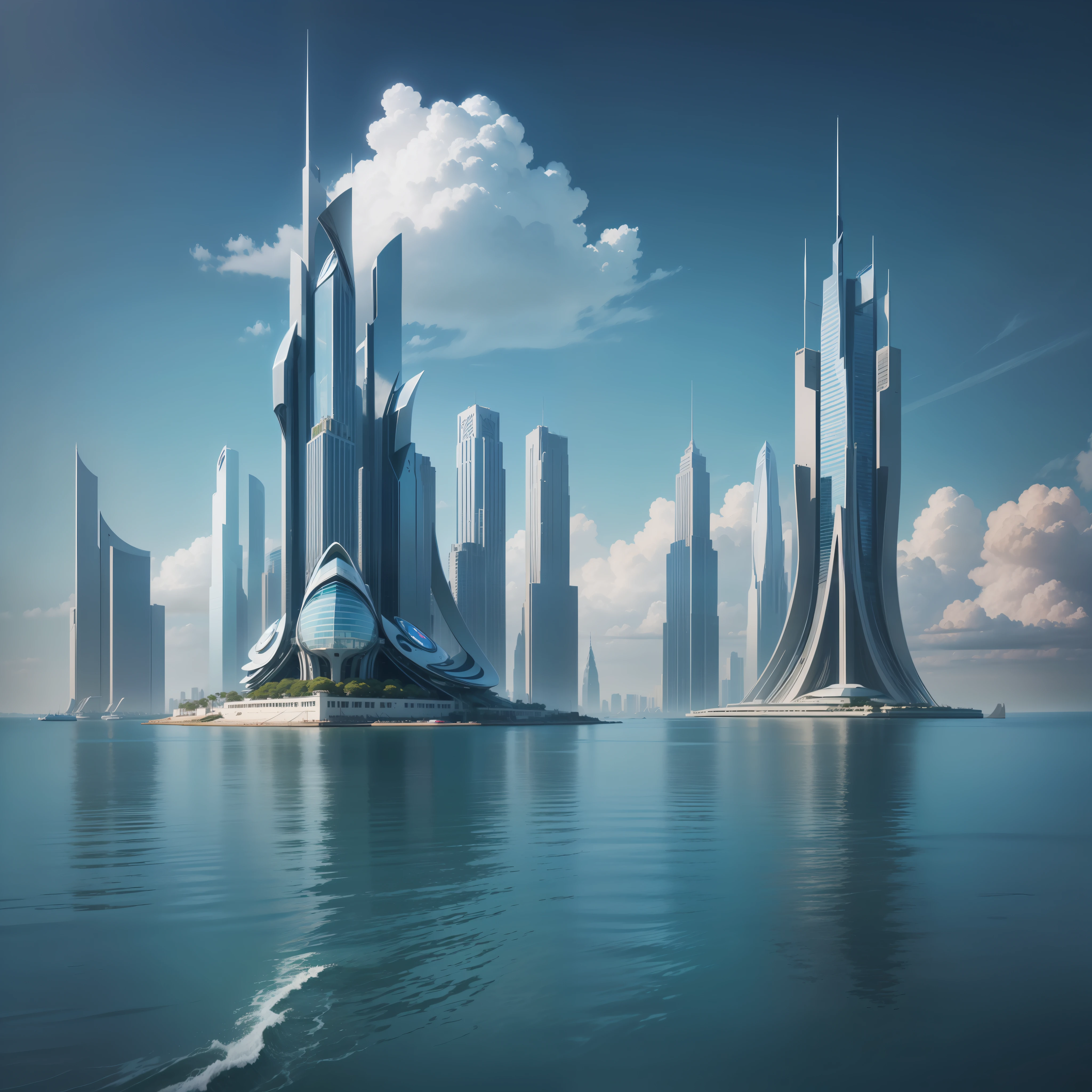 Skyscrapers floating on the sea　The sea　Max Quality　MasterPiece　SF Future World