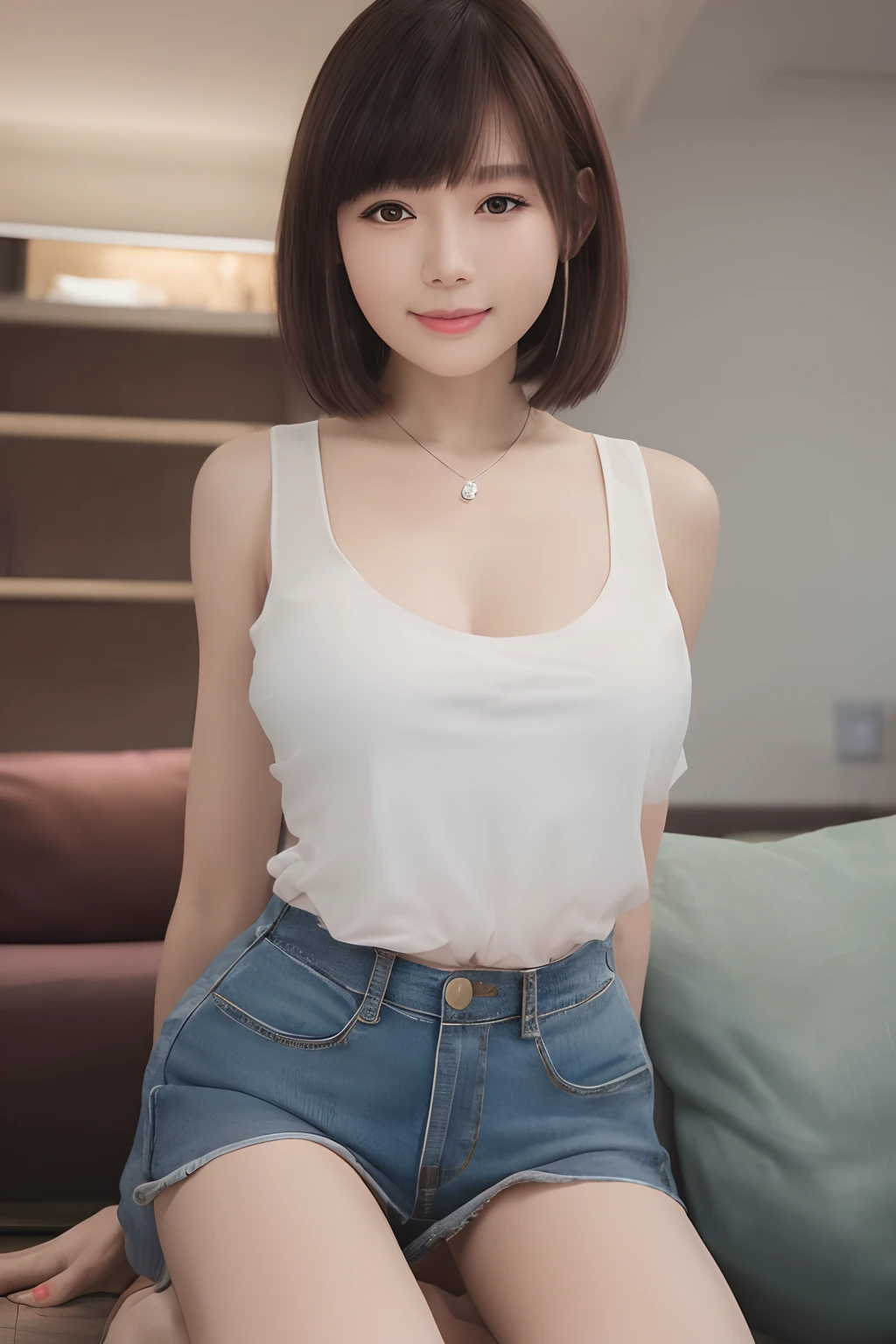 (8K, 超高分辨率, Best quality, Outstanding work:1.2),(18yr old:1.2)、(Enchanting laughter)RAW portrait of japanese girl、Photorealsitic、top-quality、 (Small of breast, cleavage:1.2),(Gray sleeveless top and braless :1.3)、(Look down from above:1.2)、sit on chair、(inside in room:1.4) hand behind head (Natural skin texture、Detailed skin、Hyper-realism、ultra-sharpness)、intricately details、depth of fields、Dim lighting、Fashion jeans（detailed outfits：1.5）、乃木坂アイドル、hposing Gravure Idol、Actress、Fashion model pose、Petite in stature、Slender legs in jeans，short-hair、Delicate hair，fully body photo