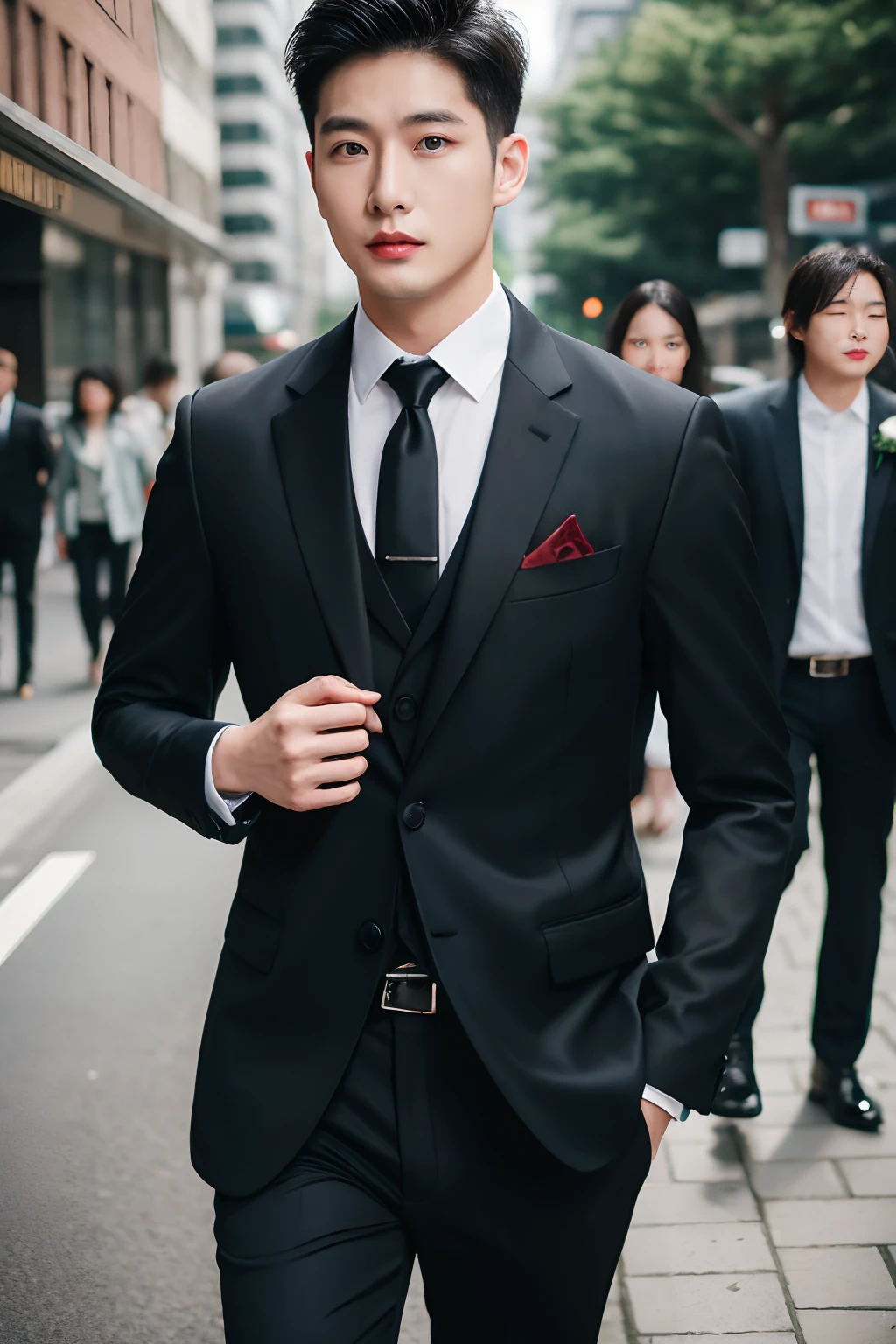 Asian male model on the street,The wedding car is super cool,best qualtiy,Slr,Business suit