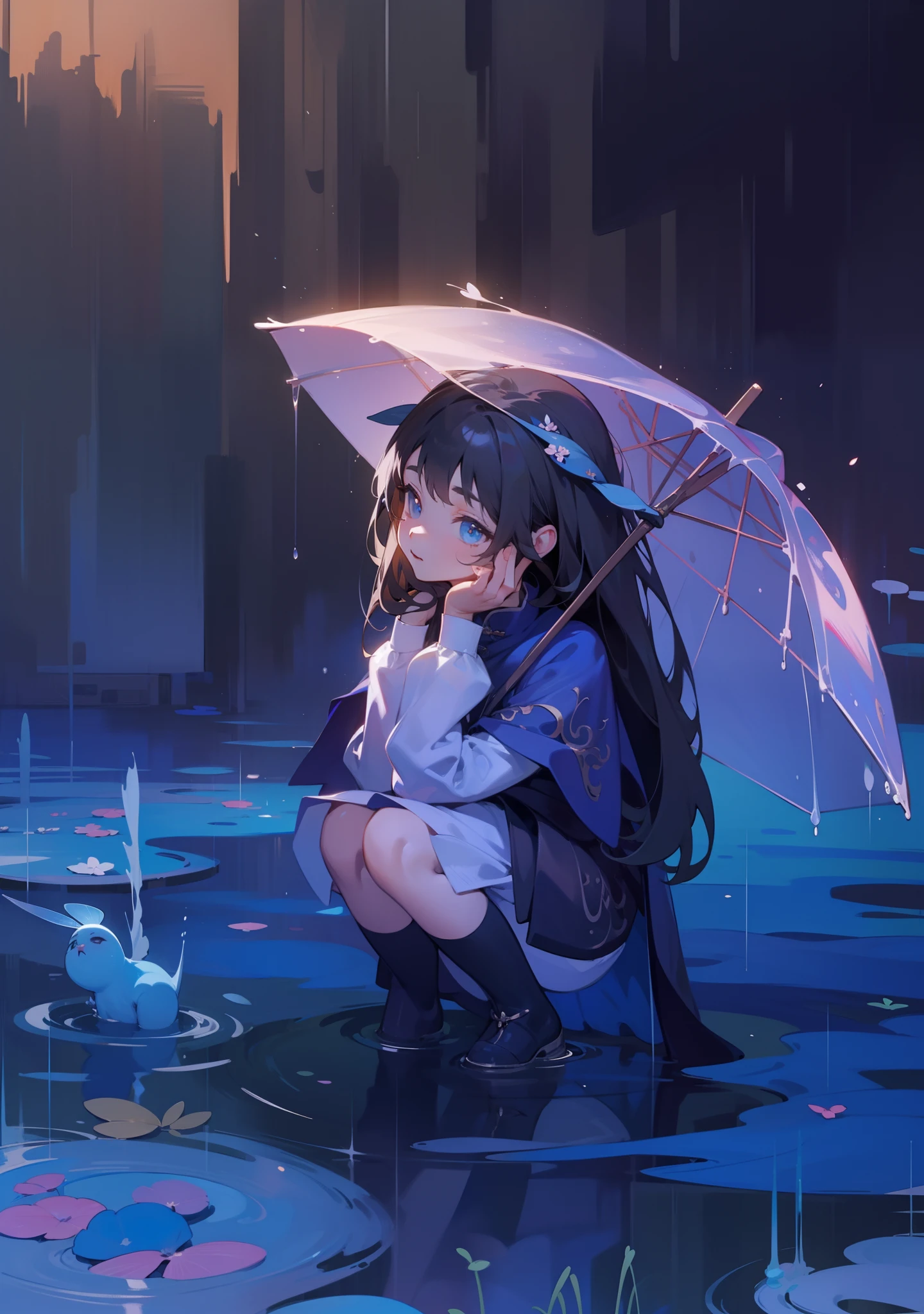 tiny faeries，Soft brunette hair，黑The eye，Crouch on the side of the road，Hands on cheeks，Game illustration，Lovely 2D image；Cold perfect face and soft skin；Floating on the grass，detail-rich，splash image，8K分辨率，Perfect masterpiece；Art station digital painting smooth：A masterpiece with realistic 8K resolution；intricately details；Natural and three-dimensional lighting；复杂、fairytale-like，sprawling、fantasy。"