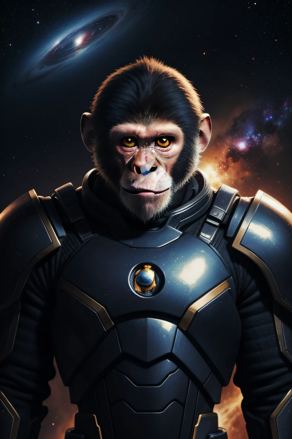 scifi-monkey, human-body, monkey-face, black-armor, galaxy-background